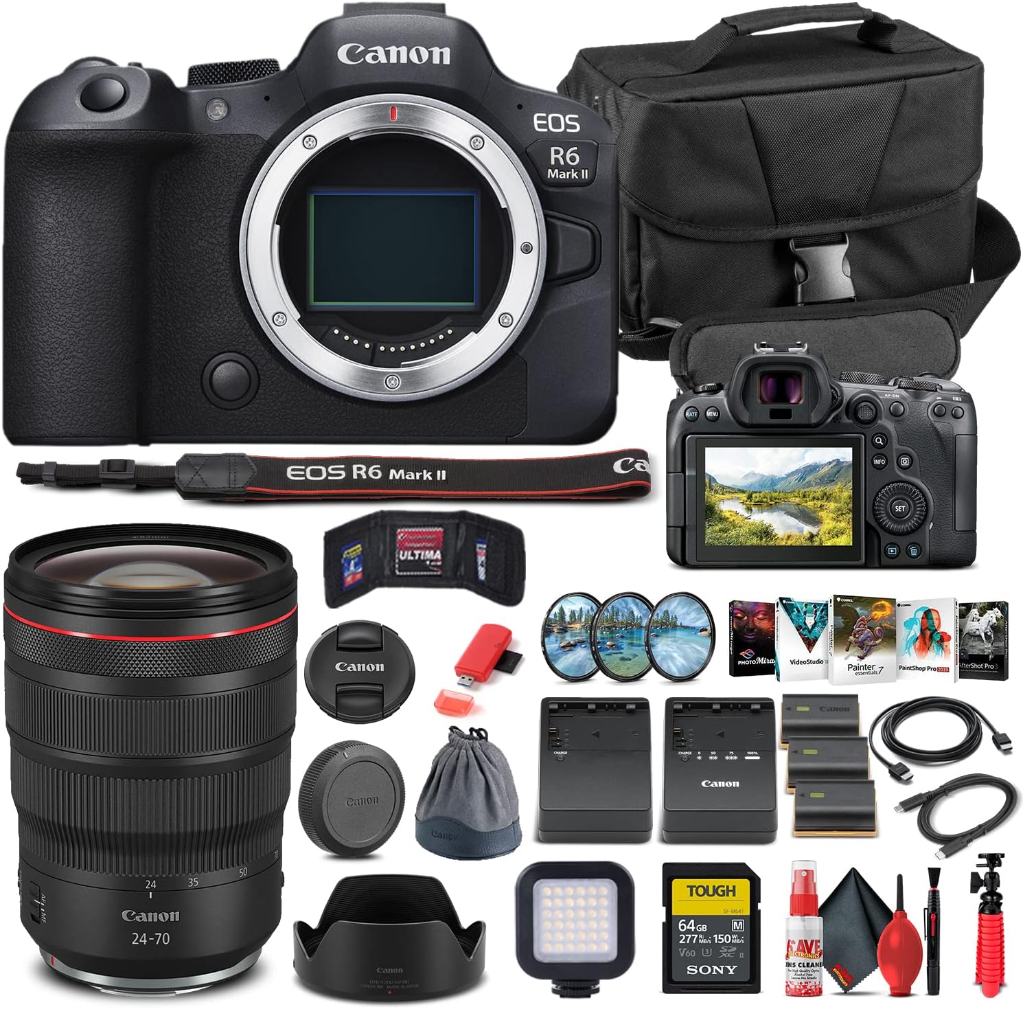 Canon EOS R6 Mark II Mirrorless Camera (5666C002) + Canon RF 24-70mm Lens + 64GB Memory Card + Case + Corel Photo Software + 2 x LPE6 Battery + Card Reader + More (INTL. Model) (Renewed)