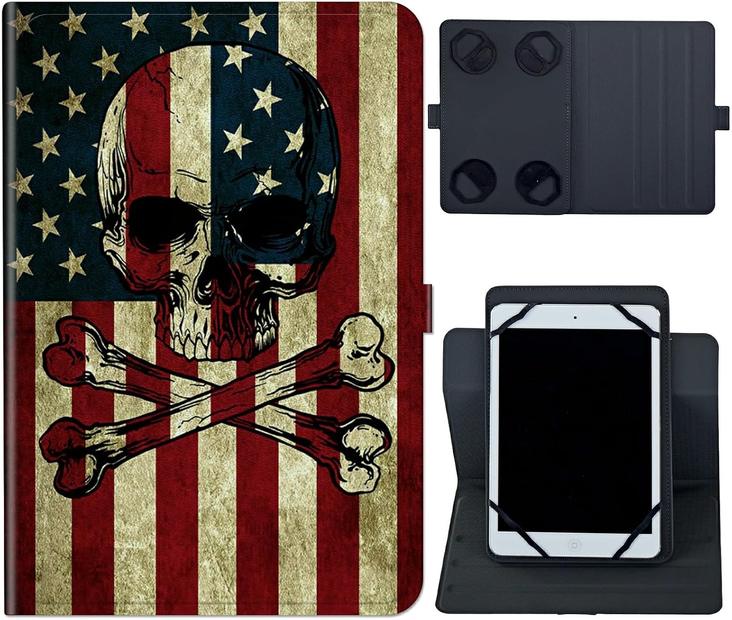 Universal Case for 10.6 inch 11 inch Tablet,Universal Case for 10.6-11 Inch Touchscreen Tablet,Slim PU Leather Stand Folio Shell Cover with 360 Degree Rotatable Kickstand Viewing,American Flag Skull