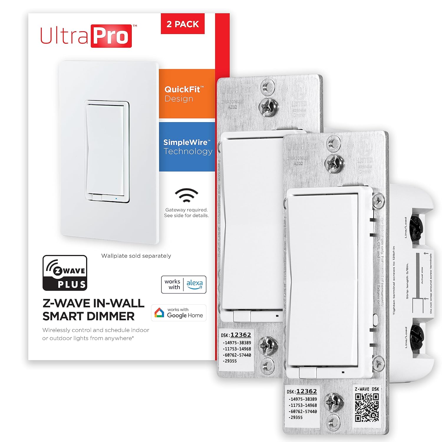 UltraPro 700 Series Z-Wave In-Wall Smart Rocker Light Dimmer with QuickFit & SimpleWire, 3-Way Ready, Works with Alexa, Google Assistant, Z-Wave Hub Required, Smart Home, Voice Control, 2 Pack, 59372