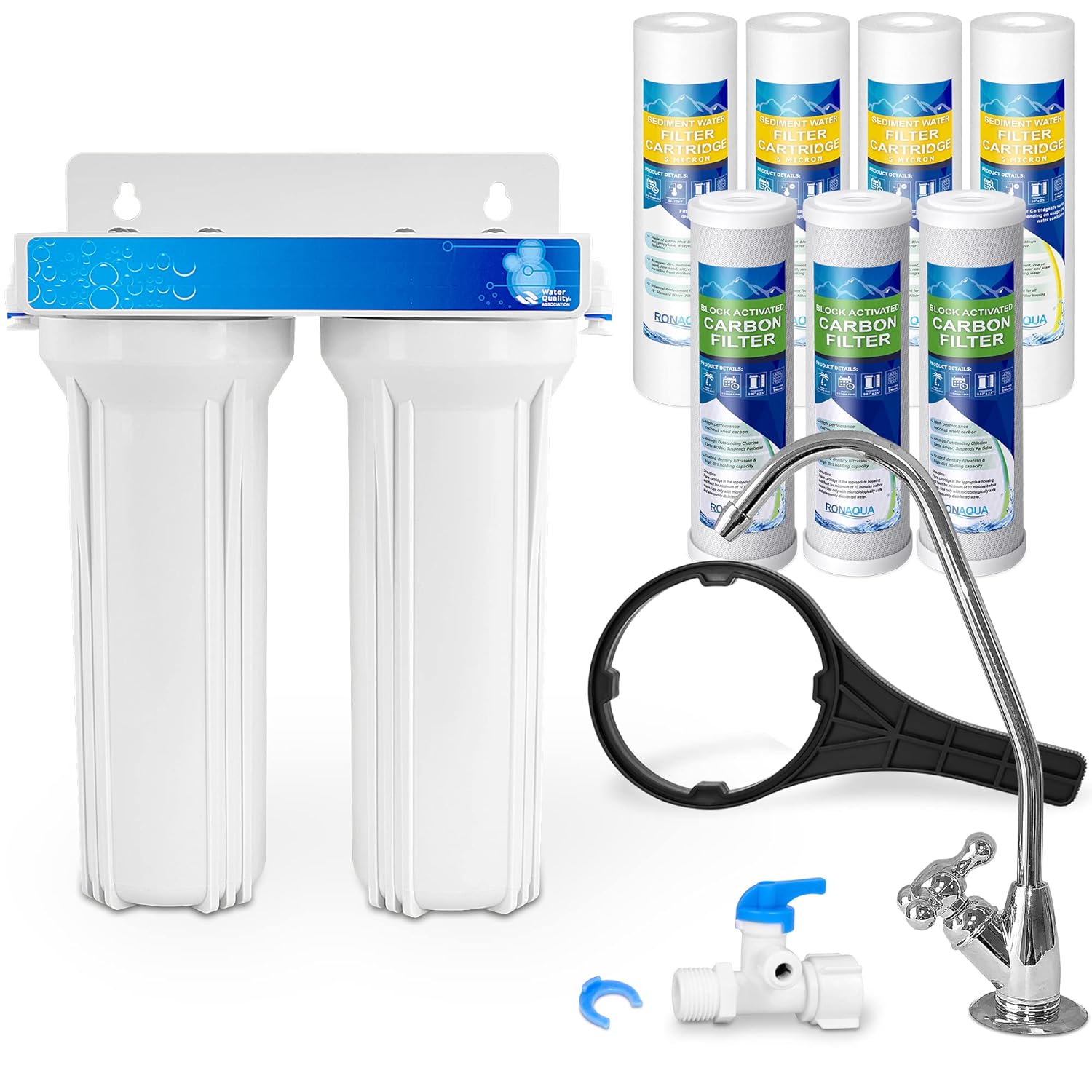 2 Stage Under Sink Drinking Water Filtration System Lead-Free Chrome Faucet Removes Chlorine & Yearly Supply (2 Extra) CTO & (3 Extra) PP Sediment Cartridges 5 Mic, Meets NSF Standards & Regulations