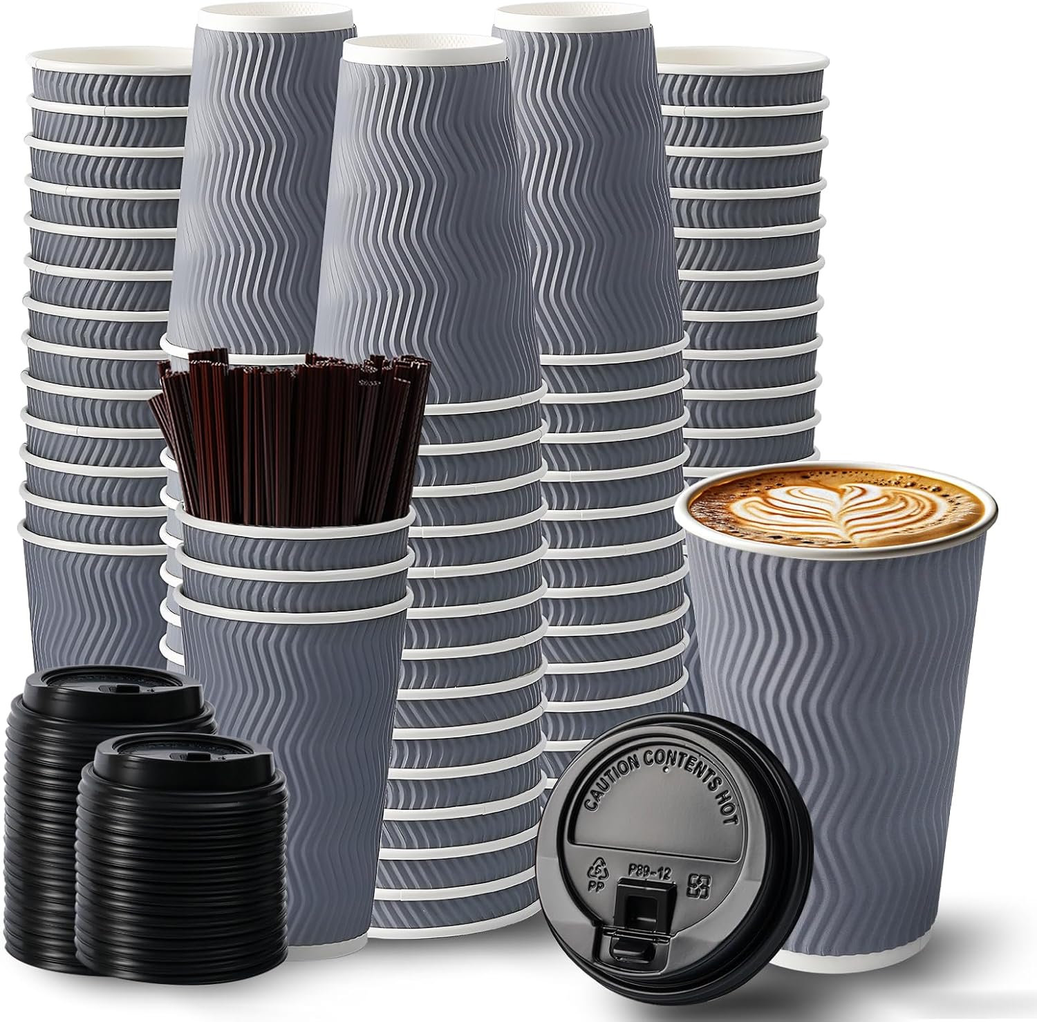 100 Pack Disposable Coffee Cups with Lids 16 oz, Insulated Ripple Double-Walled Paper Cup with Straw, To Go Coffee Cups Perfect for Cold & Hot Coffee, Hot Chocolate (GREY)