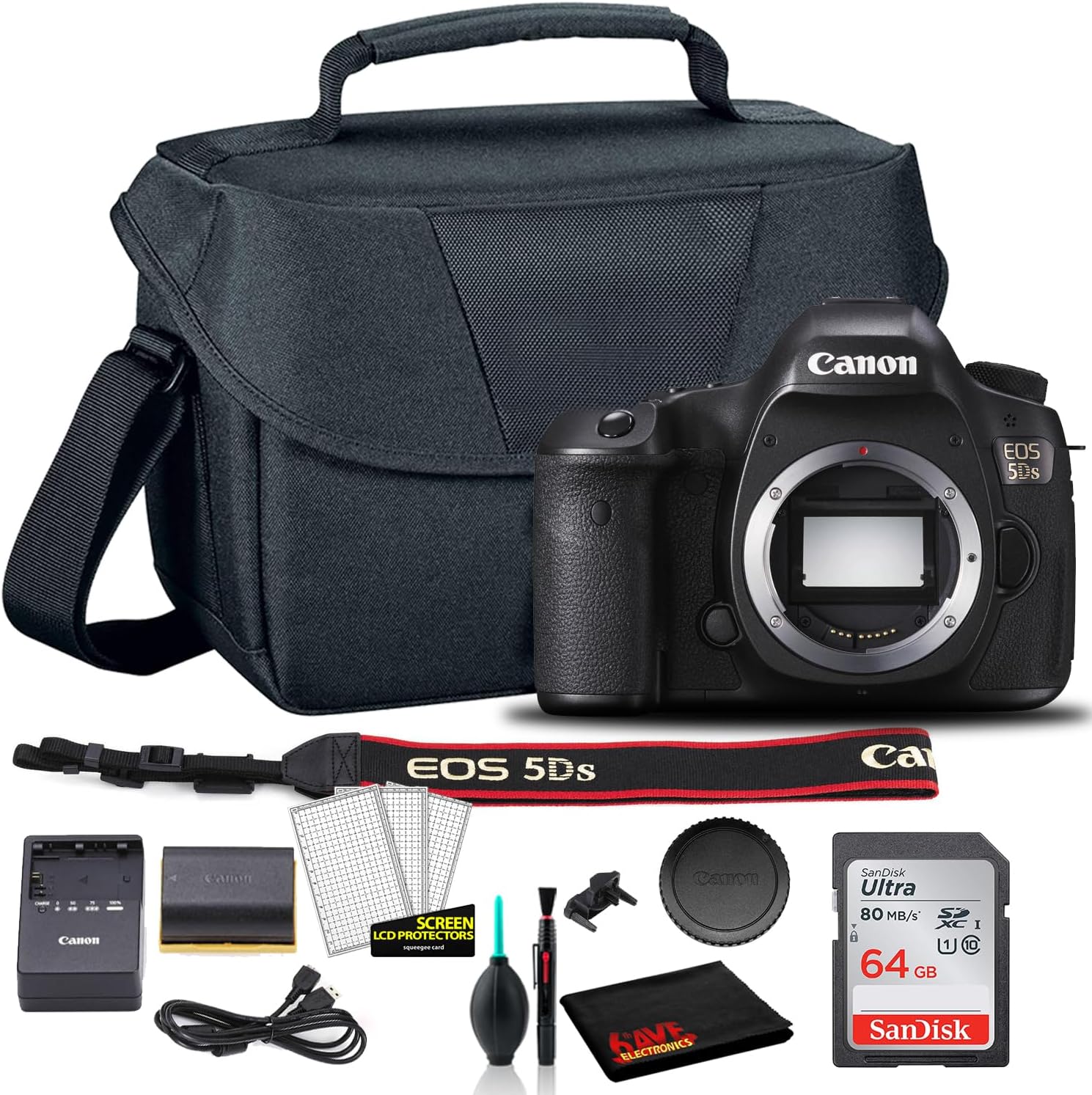 Canon EOS 5DS DSLR Camera (Body Only) (0581C002) + EOS Bag + Sandisk Ultra 64GB Card + Cleaning Set and More (International Model) (Renewed)