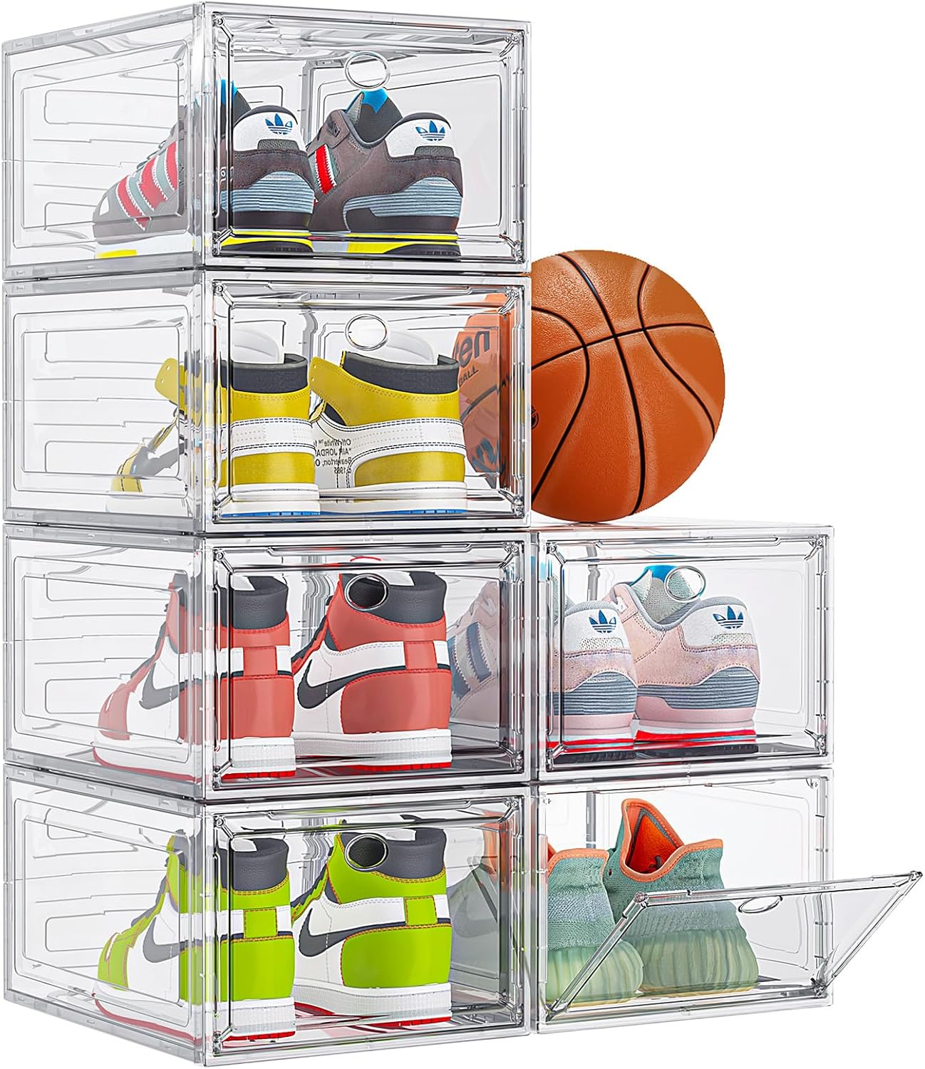 Thicken & Sturdy Clear Shoe Storage Organizer with Magnetic Door, Stackable Boxes for Closet, Foldable Space-Saving Shoe Rack for Sneaker Boot Container, Plastic Shoe Cabinet Shoe Box 6 Pack, White