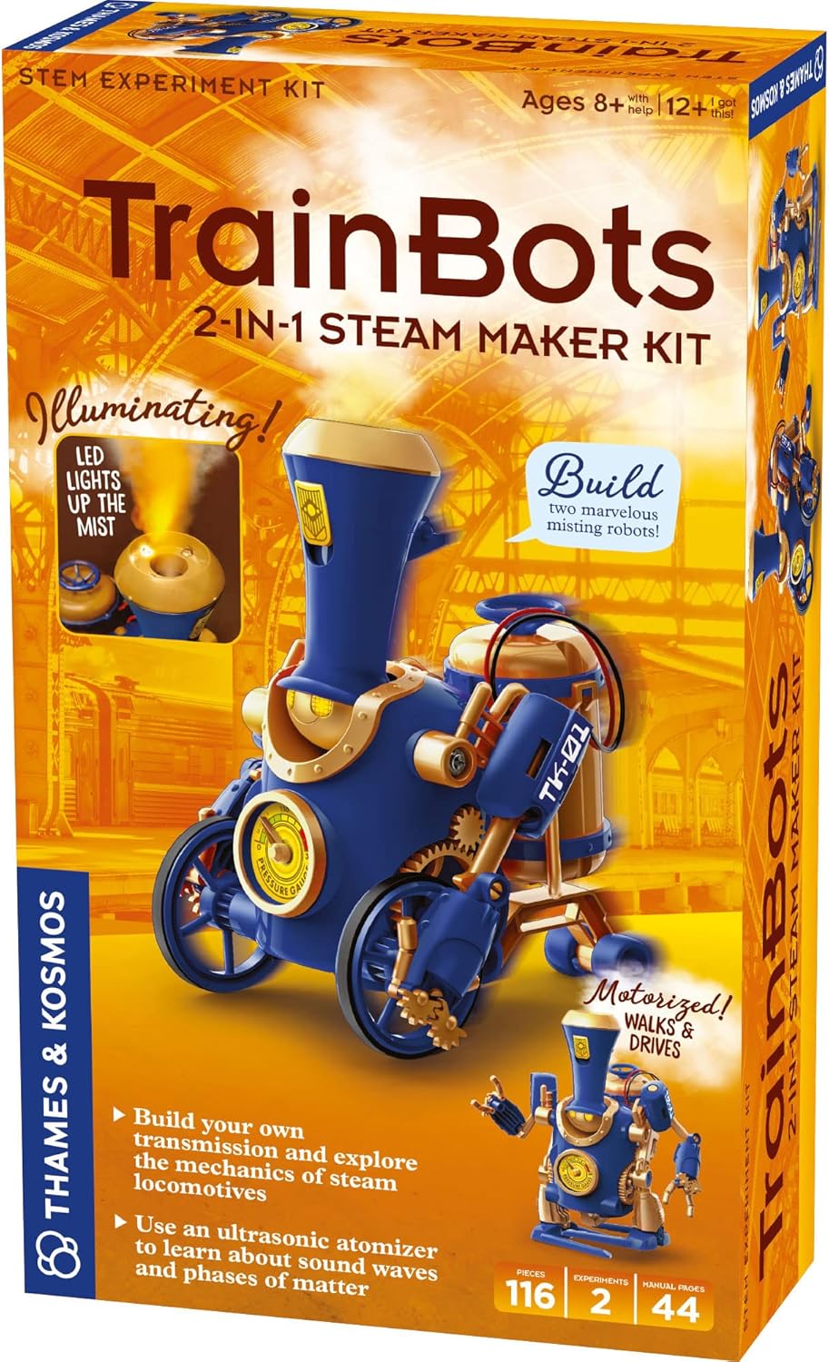 Thames & Kosmos TrainBots: 2-in-1 STEAM Maker Kit | Build 2 Steampunk Robots w/LED Lights | Explore Robots & Engineering | Includes Ultrasonic Atomizer | Ages 8+ with Help; 12+ for Independent Play