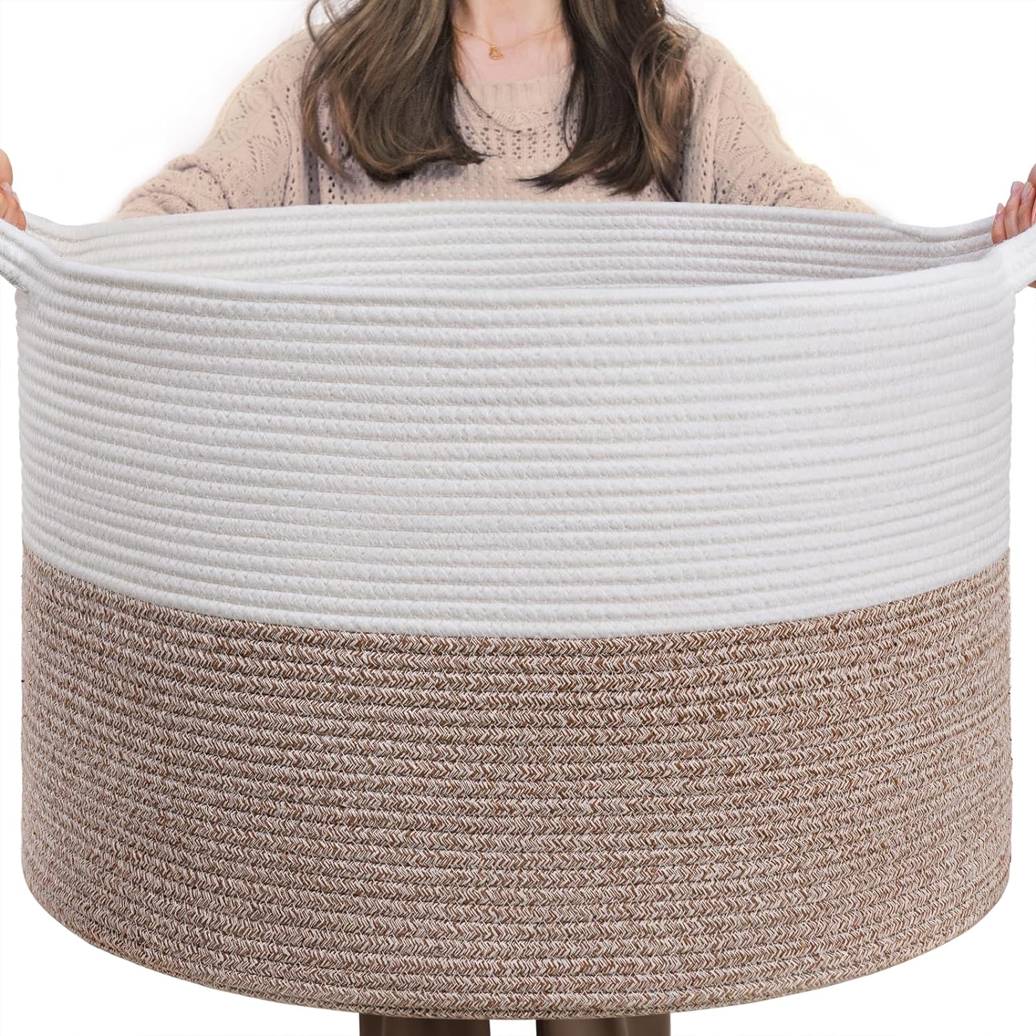 INDRESSME XXXLarge Cotton Rope Basket 21.7″ x 21.7″ x 13.8″ Woven Baby Laundry Blanket Basket Toy Basket with Handle Storage Comforter Cushions Thread Laundry Hamper White & Brown