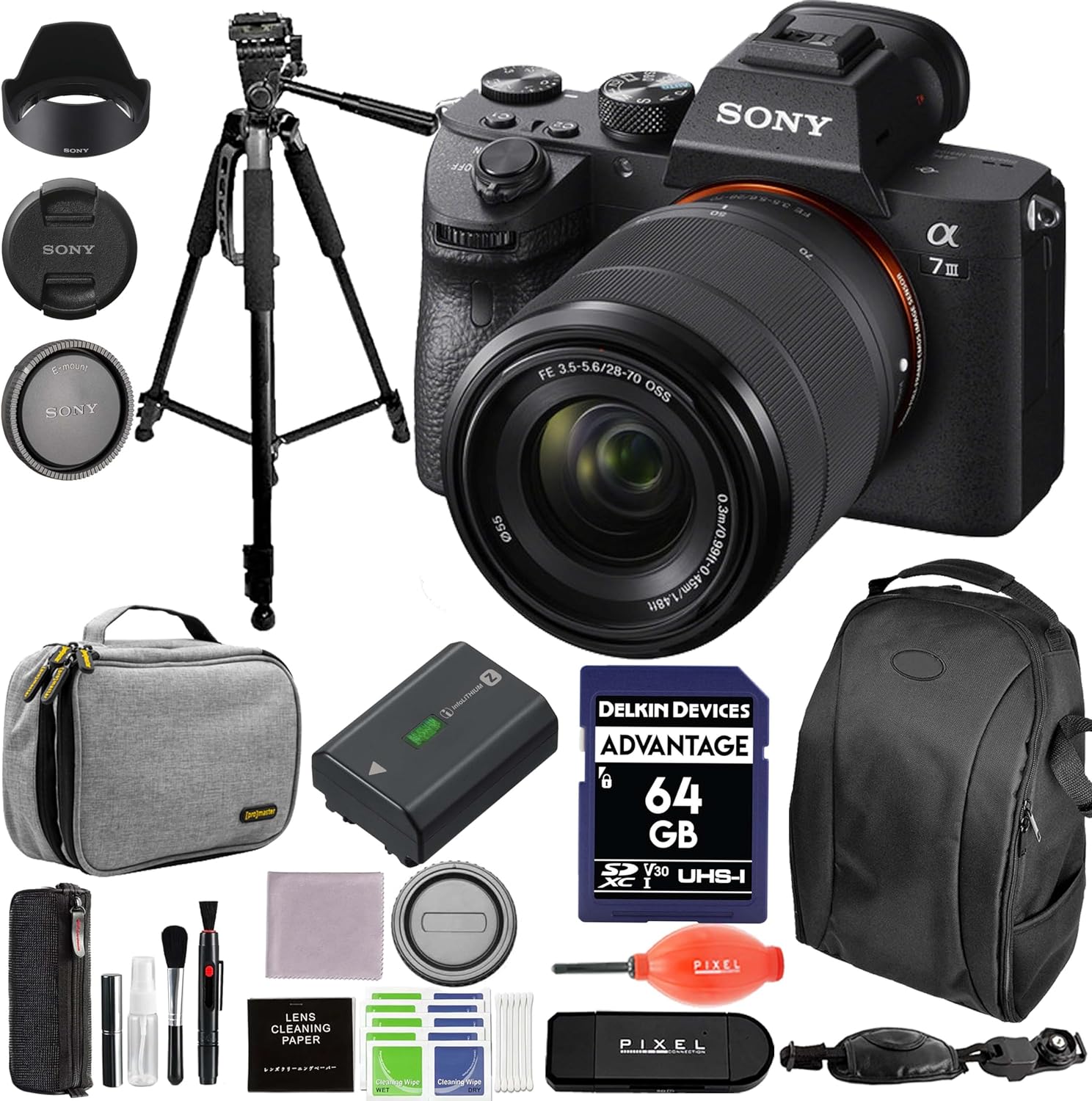 Sony Alpha a7 III Full-Frame Mirrorless Camera Bundle with 28-70mm Lens, Camera Backpack, Handy Case, Tripod, 64GB SD Card, Rear Lens Cap + More | Sony a7 III