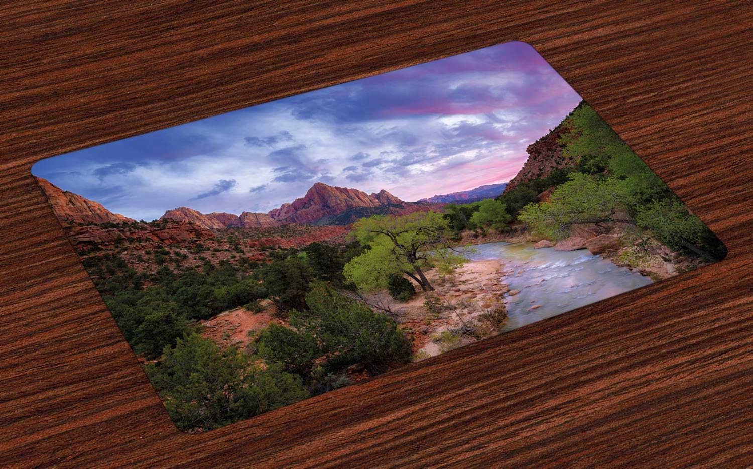 Lunarable Zion National Park Place Mats Set of 4, Photo of River Trees and Rocky Mountains with Cloudy Vivid Sky, Washable Fabric Placemats for Dining Room Kitchen Table Decor, Purple Green