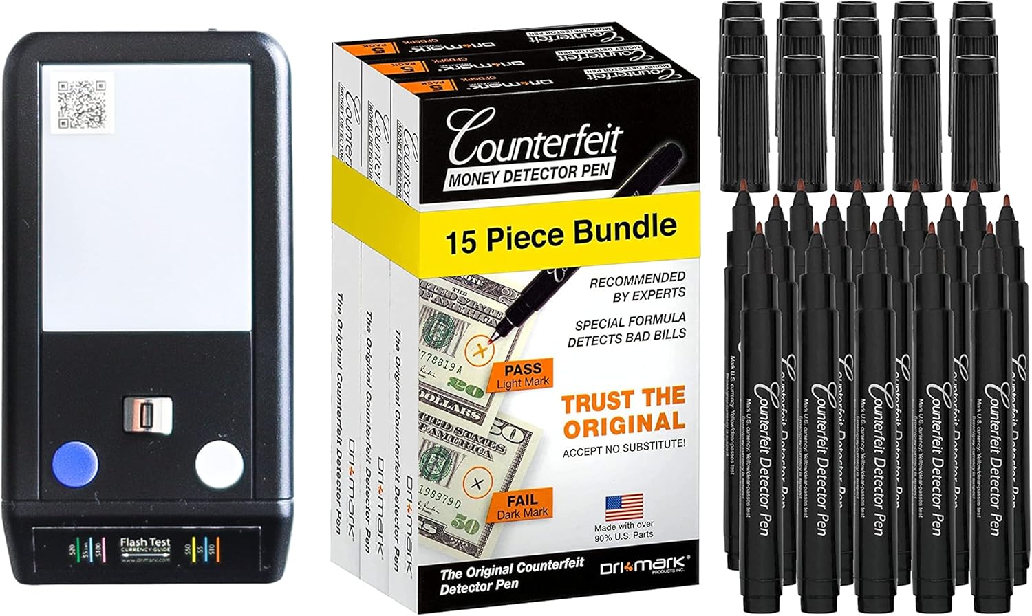 Dri Mark Counterfeit Bill Detector Bundle with Flash Test Currency Detection Machine and 15 Pack Fake Money Counterfeit Pens – Money Loss Prevention Tester and Fraud Protection