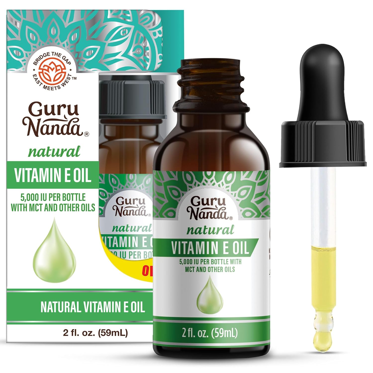 GuruNanda Vitamin E Oil (2 Fl Oz) – Pure & Natural, 5,000 IU per Bottle for Skin, Hair, Face, Nails & Scars – With Coconut Oil to Help Nourish & Moisture – Non-GMO & Vegan