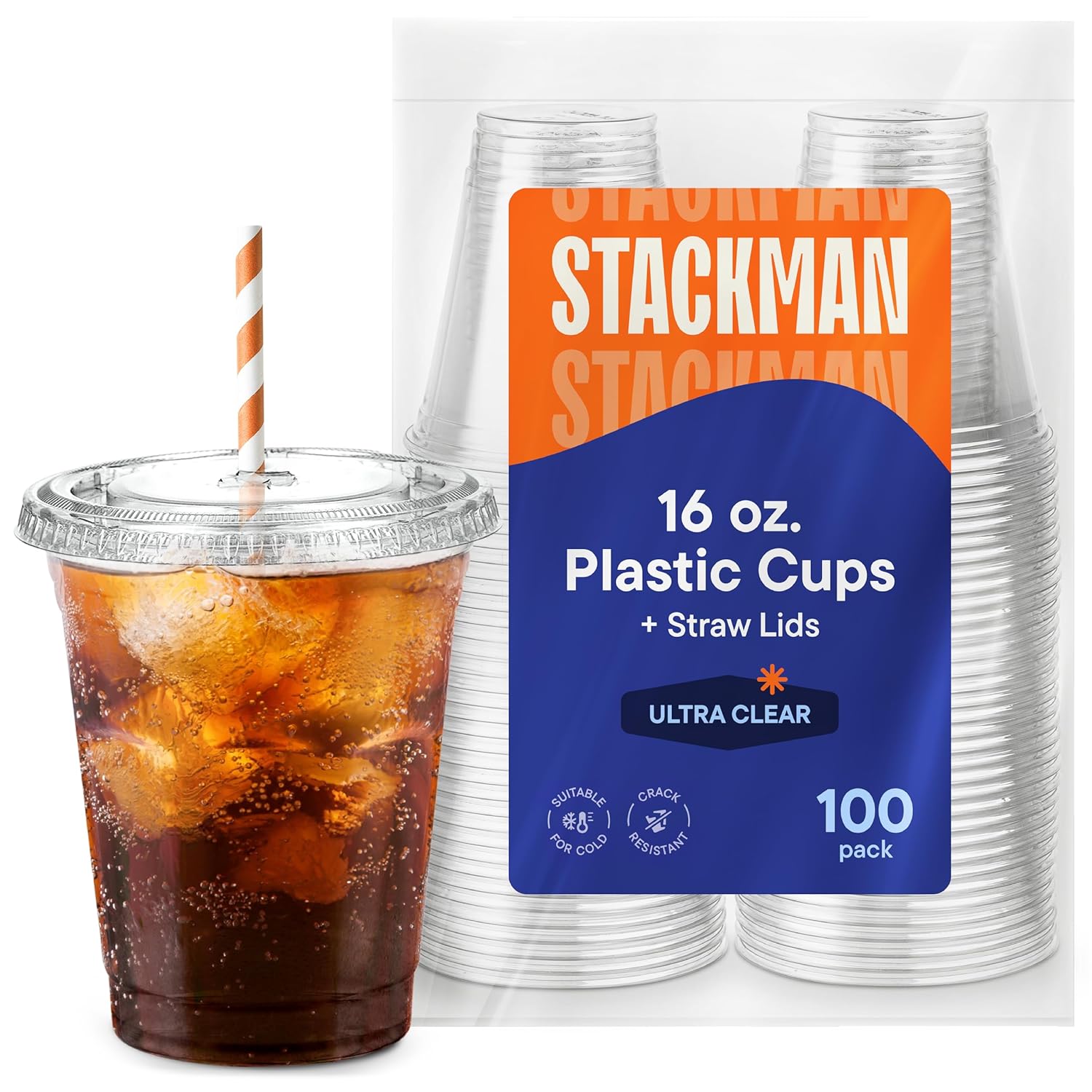 16 oz Clear Plastic Cups with Straw-Slot Lids [100 Sets] PET Crystal Clear Disposable Cups with Lids – Durable Cup. BPA Free + Crack Resistant, for Coffee, Juice, Shakes