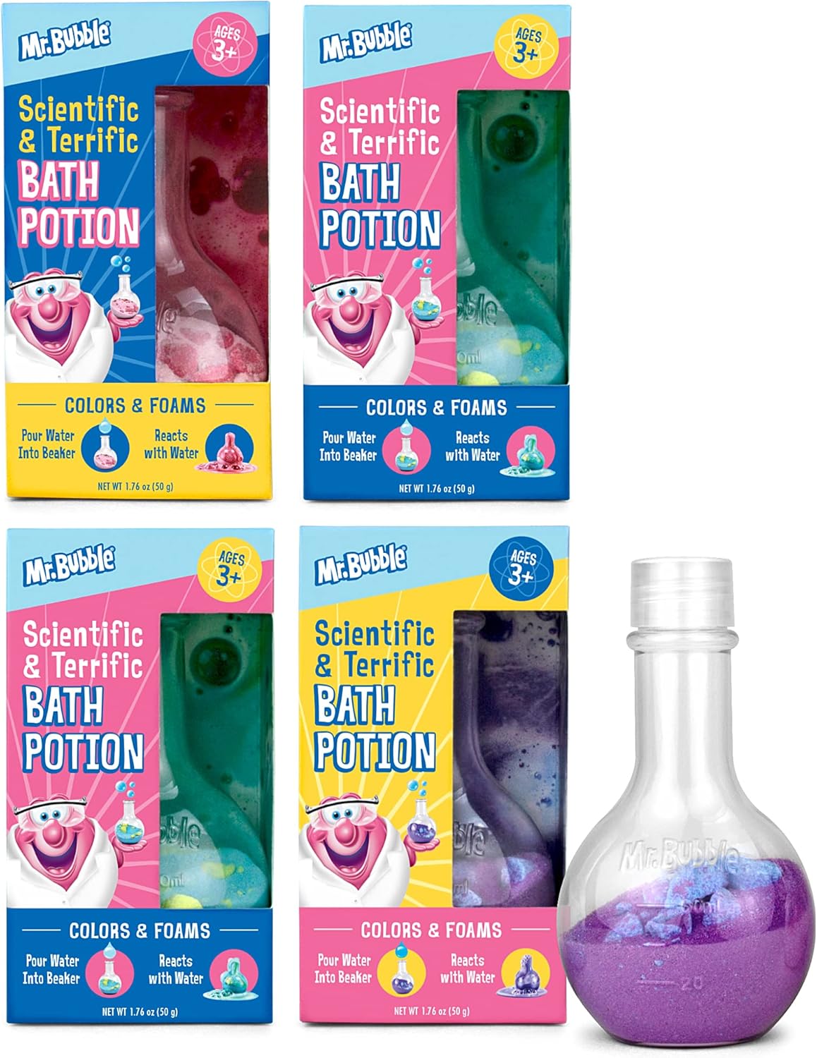 Mr. Bubble The Original Kids Bath Bomb Potions – Colorful Fizzy Fun – Cool Foam and Bubble Science Beaker for The Bath (Pack of 4)