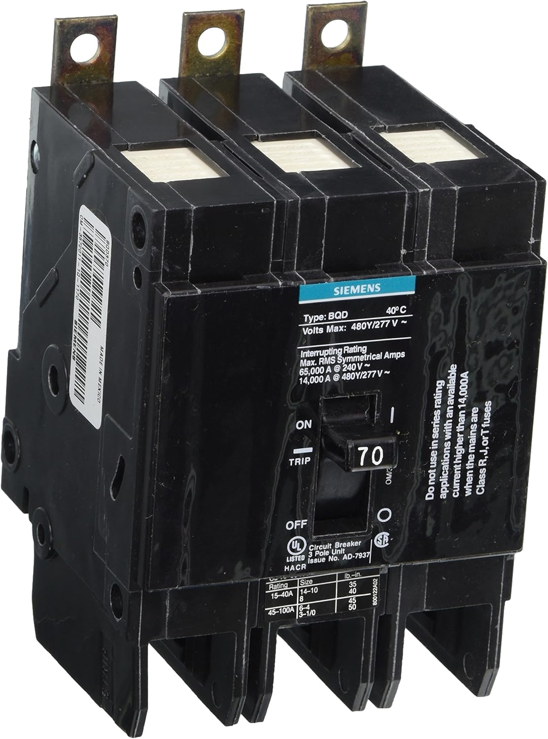 Siemens BQD370 70-Amp Three Pole 480Y/277V AC 14KAIC Bolt in Breaker