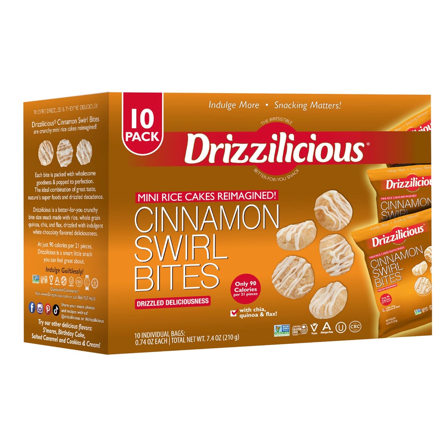 Drizzilicious Mini Rice Cakes Cinnamon Swirl – Rice Crisps, Healthy Snack for Adults and Kids, Flavored Rice Cakes, Vegan, Gluten Free, Allergen Free, Only 90 Calories Per Bag – 0.74 oz (Pack of 10)