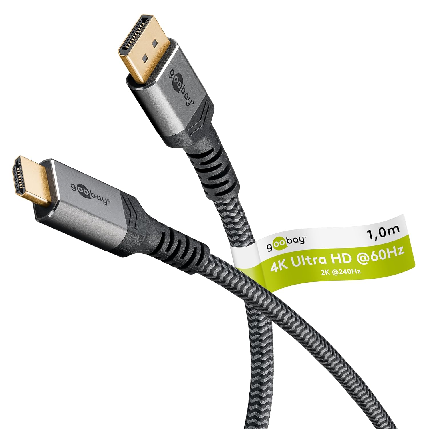 65268 DisplayPort 1.2 to HDMI 2.0 / Resolutions of up to 4K @ 50/60 Hz/Data Transfer Rate of 18 Gbps/Cable is Directional Bound/Gold-Plated Connectors Prevent Corrosion/Grey / 1 m