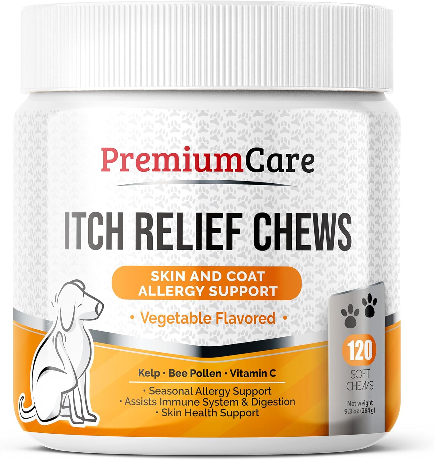 PREMIUM CARE Itch Relief for Dogs – 120 Allergy Chews for Dogs – Anti Itch Seasonal Support for Pets Itchy Skin Relief Skin Health Support with Colostrum, Vitamin C, Omega and Bee Pollen