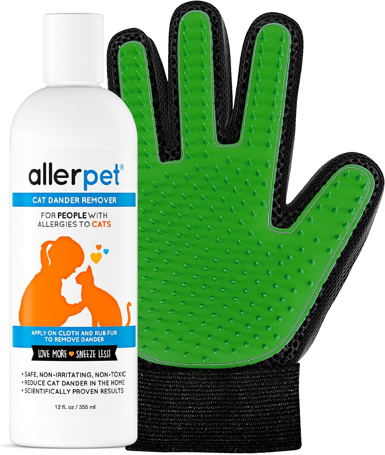 Allerpet Cat Dander Remover w/Free Grooming Glove – Effective Cat Allergy Relief, Anti Allergen Solution Made in USA – (12oz)