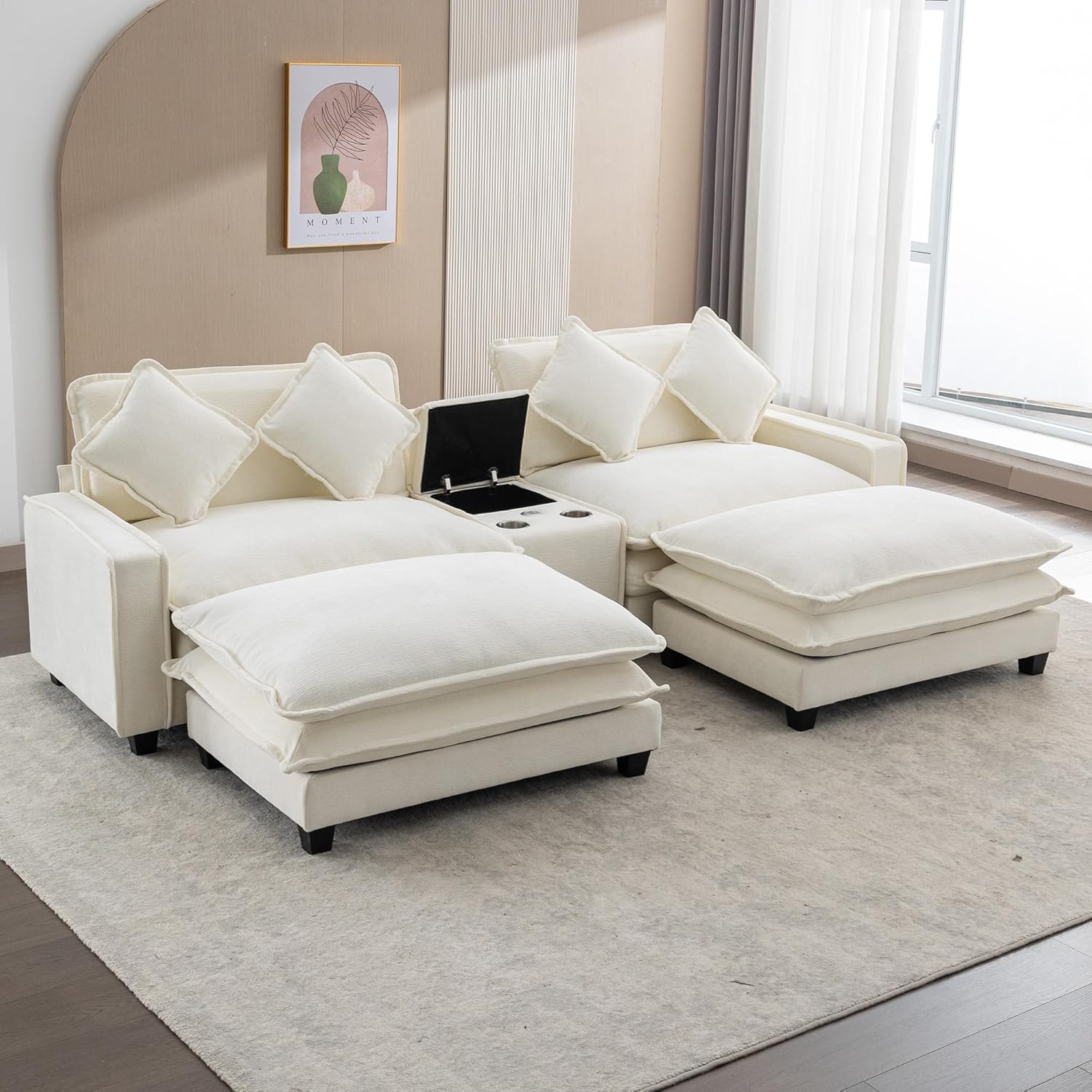 Convertible Modular Sectional Sofa with Center Storage Set, Chenille Upholstered Cloud Couch with Movable Ottomans and Cupholders, Dual USB Ports, Deep Seat Cushioned Sofa&Couches for Living Room