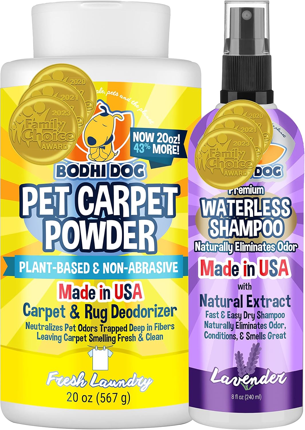 Bodhi Dog Pet Carpet Powder 20oz + Waterless Lavender Shampoo 8oz Bundle