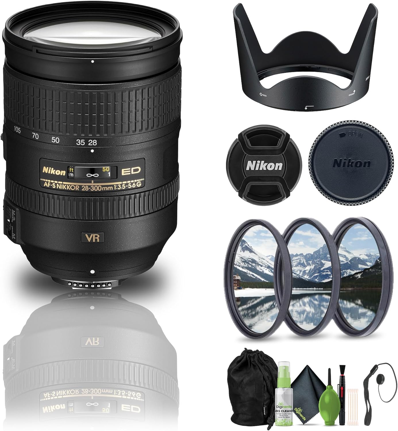 Nikon AF-S NIKKOR 28-300mm f/3.5-5.6G ED VR Lens (2191) + Filter Kit + Cap Keeper + Cleaning Kit