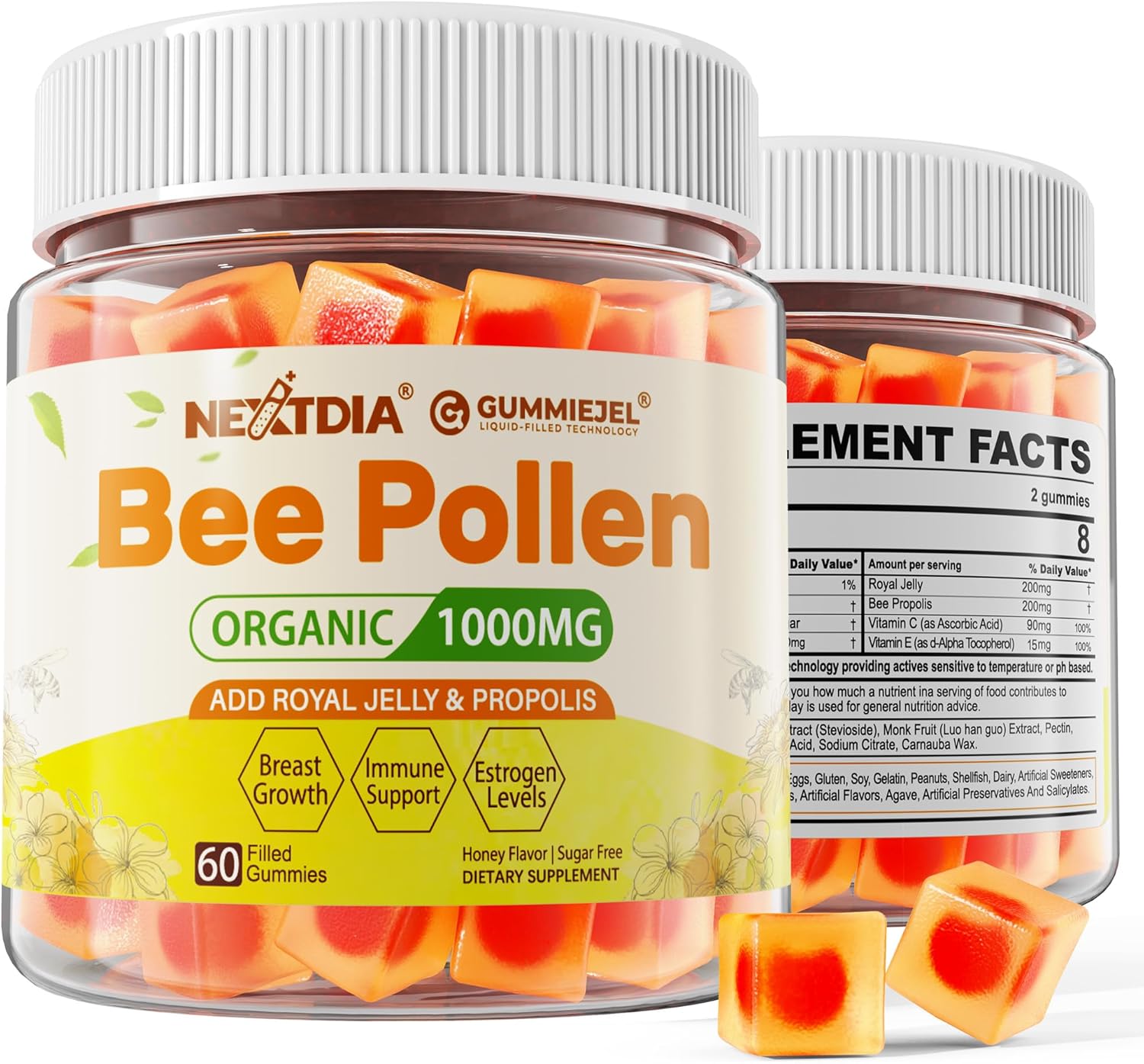 Bee Pollen for Breast Growth Organic 1000mg, w/Propolis, Royal Jelly, Sugar Free Bee Pollen Gummies Rich in B-Vitamin, Antioxidants, Amino Acids, Bee Pollen Supplement for Skin & Energy (1 Pack)