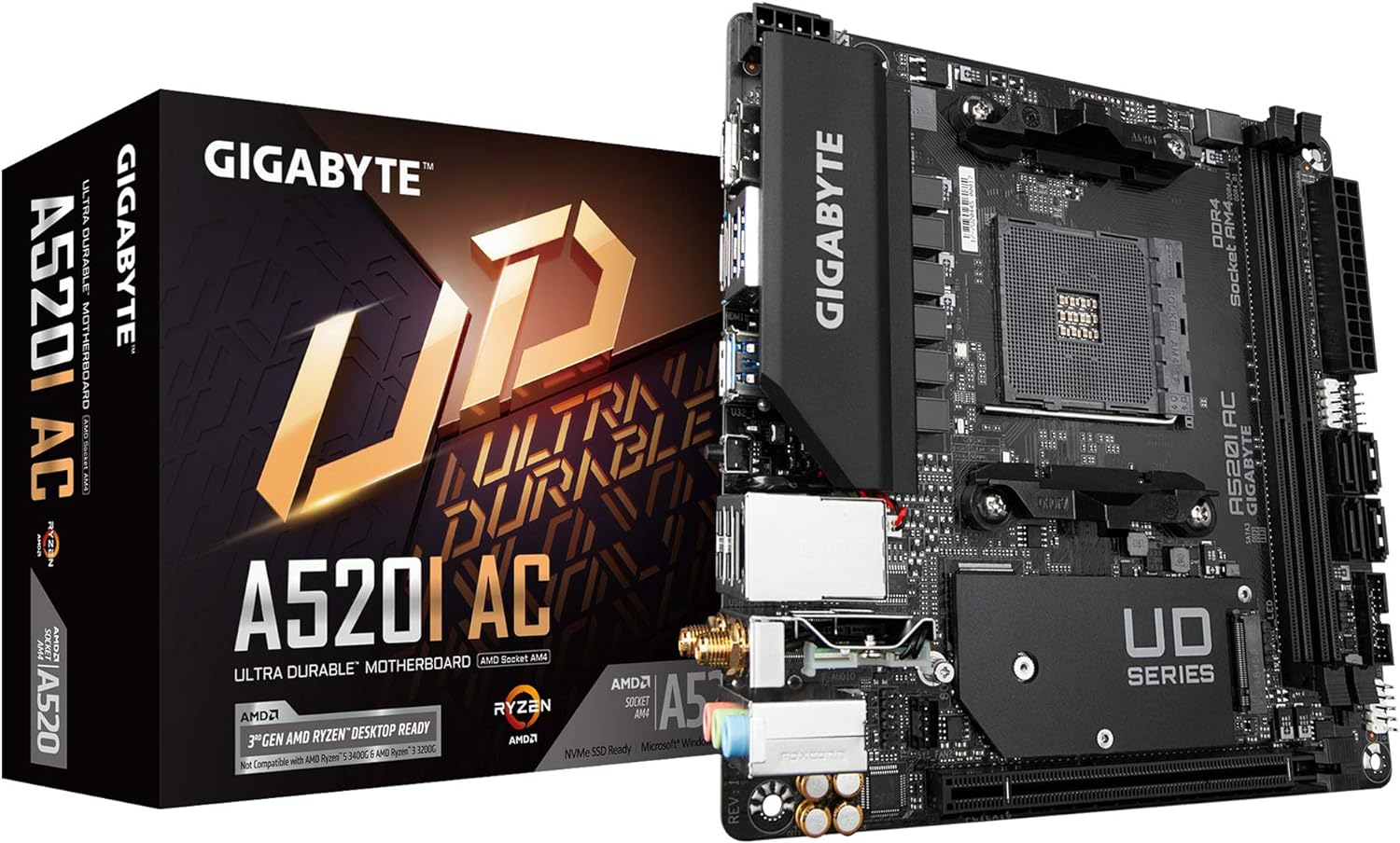 Gigabyte A520I AC (AMD Ryzen AM4/Mini-ITX/Direct 6 Phases Digital PWM with 55A DrMOS/Gaming GbE LAN/Intel WiFi+Bluetooth/NVMe PCIe 3.0 x4 M.2/3 Display Interfaces/Q-Flash Plus/Motherboard)