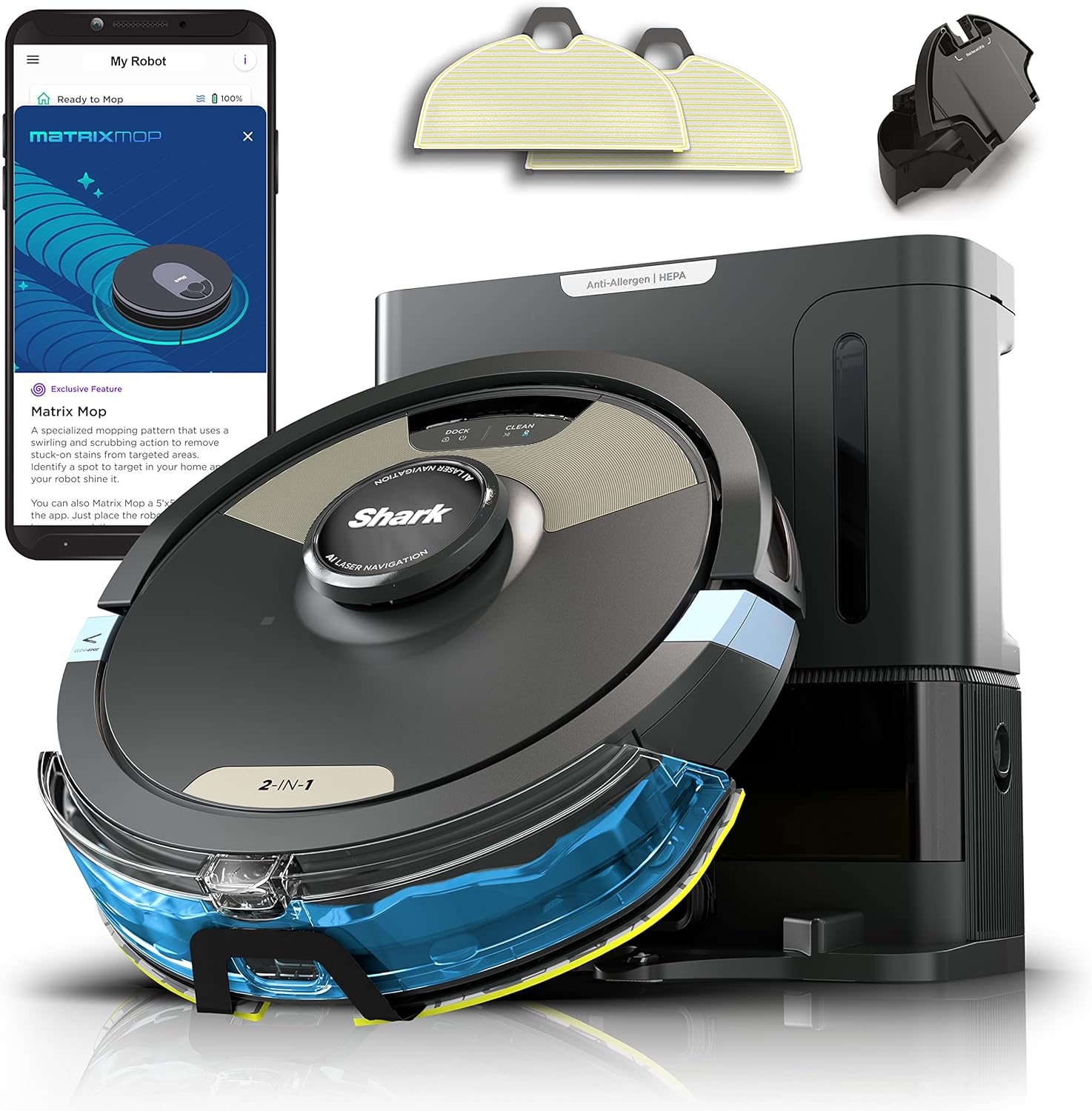 Shark Robot Vacuum & Mop Combo, Powerful Suction, Matrix Plus, 60-Day Debris Capacity, HEPA Bagless Self Empty Base, Sonic Mopping, Home Mapping for Pet Hair, Carpets & Hardfloor, Black/Gold, AV2610WA