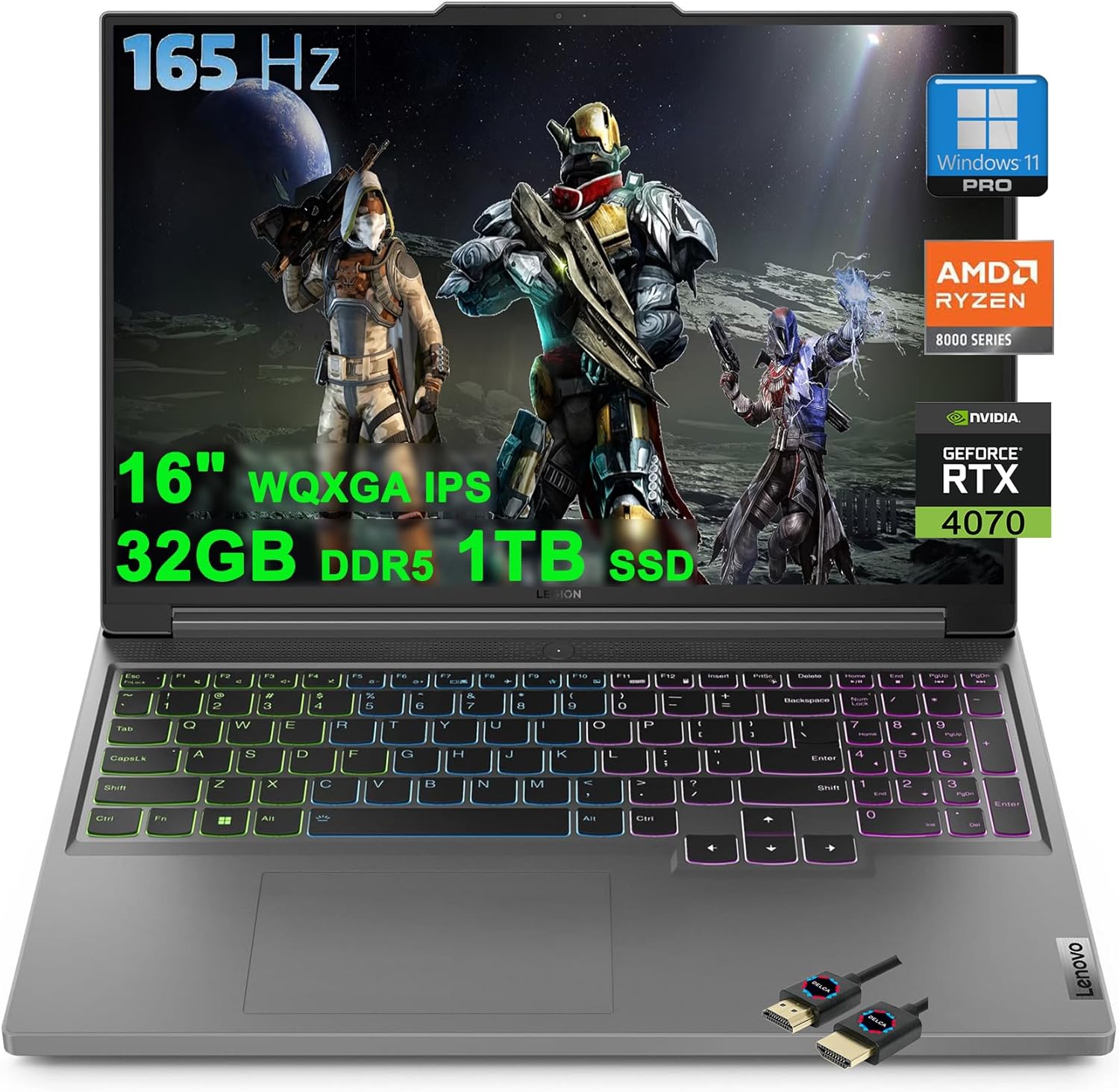 Lenovo Legion Slim 5 Gaming Laptop | 16″ QHD+ 2560×1600 165Hz 100% sRGB G-SYNC | AMD Zen 4 8-Core Ryzen 7 8845HS (>i7-12700H) | 32GB DDR5 1TB SSD | GeForce RTX 4070 | RGB Backlit Win11Pro,HDMI Cable