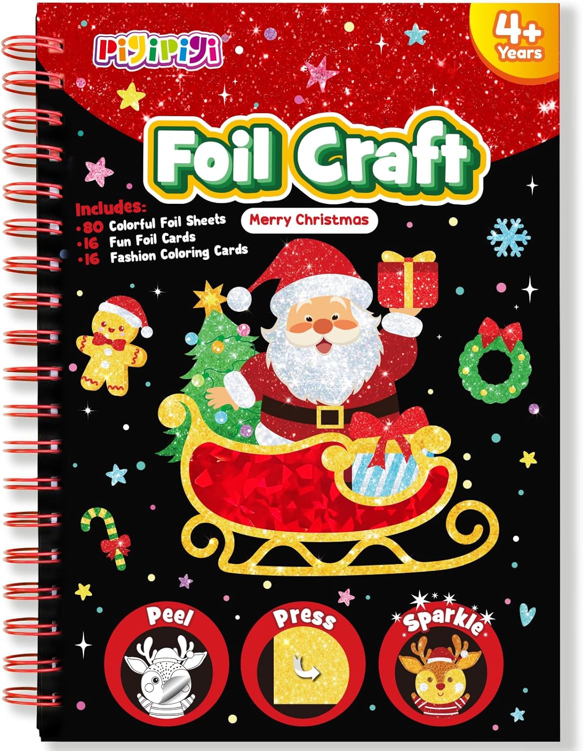 pigipigi Art Craft Activity for Kids: Foil Art Christmas DIY Toy Kit, No Mess Creative Travel Supply Set, Idea Birthday Christmas for Girl Boy Children 3 4 5 6 7 8 9 Year Old