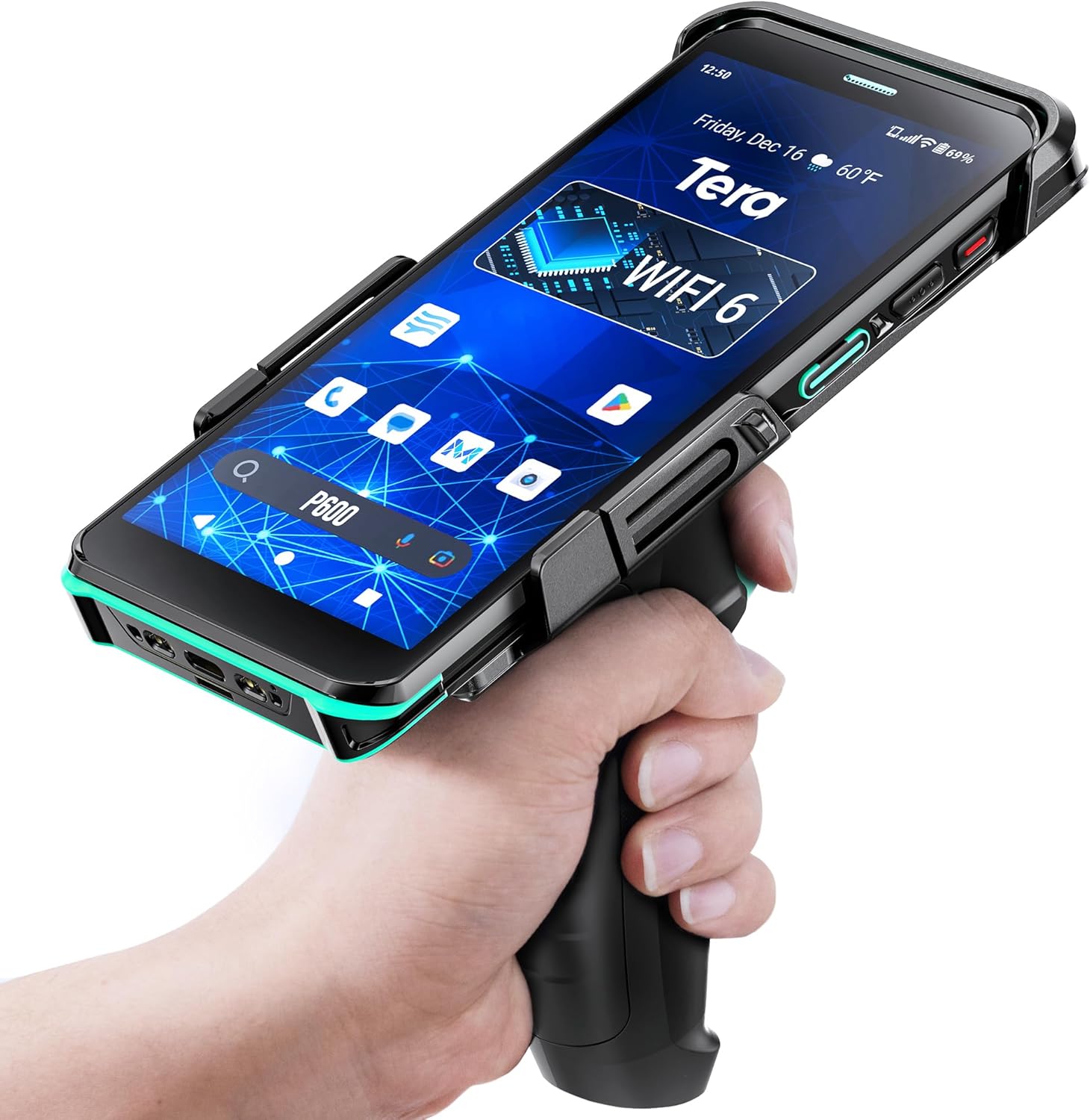 Tera Android 11 Barcode Scanner PDA: with Pistol Grip Wi-Fi 6 Ready Handheld Mobile Computer 6” Full Screen Qualcomm CPU HS7 Scan Engine IP67 Rating 4+64 GB QC 3.0 Fast Charge Inventory Scanner P600