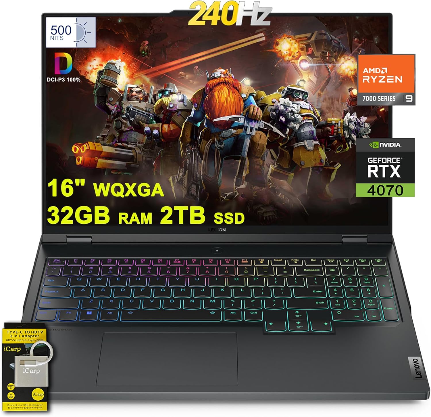 Lenovo Legion Pro 5 Gaming Laptop 16″ QHD+ 2560×1600 240Hz (500nits, 100% DCI-P3, G-Sync) AMD 16-Core Ryzen 9 7945HX (>i9-14900HX) 32GB RAM 2TB SSD GeForce RTX 4070 RGB Backlit Win11 w/ICP Accessory