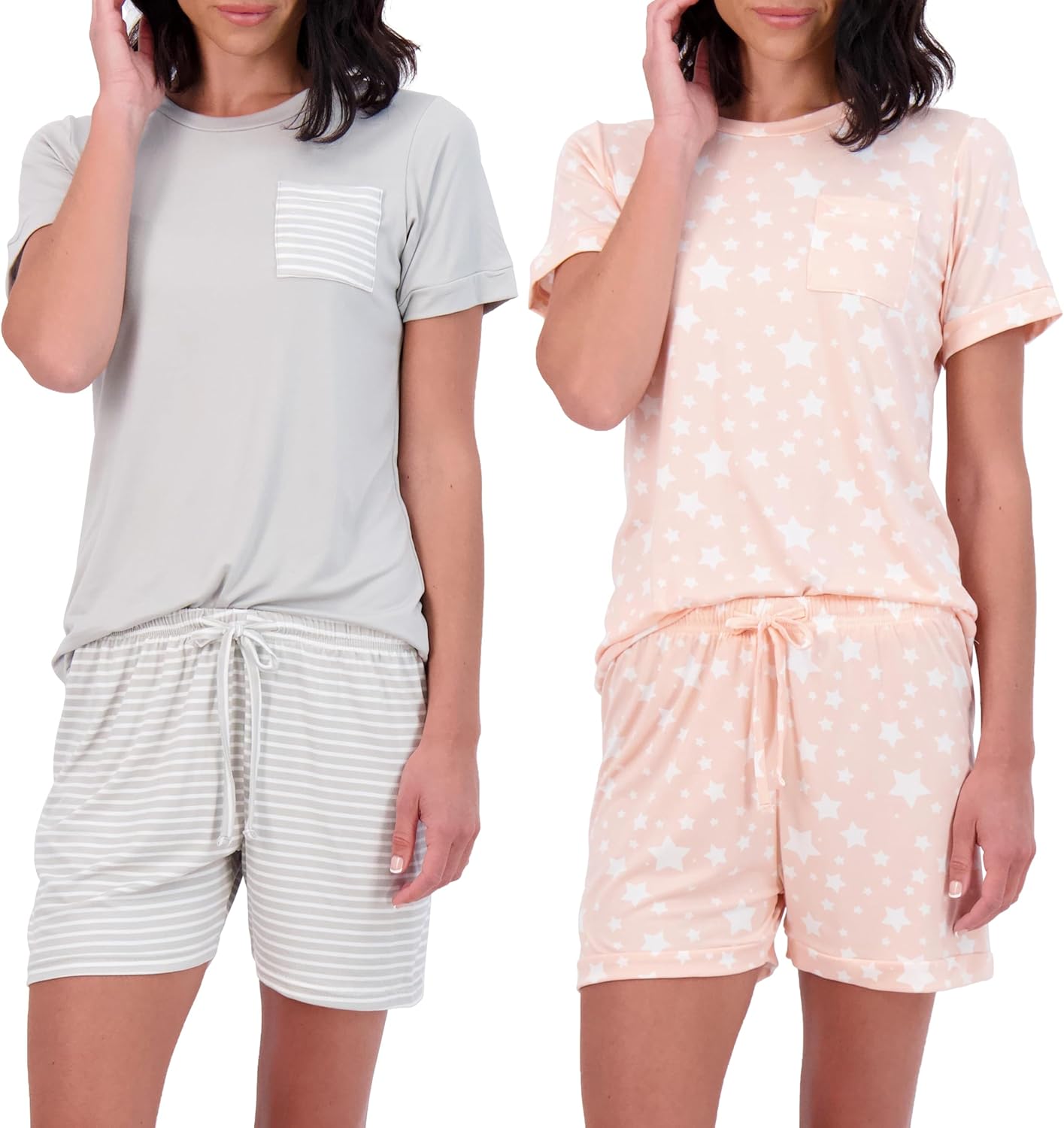 Real Essentials 4 Piece: Women’s Short Sleeve Top with Shorts Pajama Set – Ultra-Soft Lounge & Sleepwear (Available In Plus)