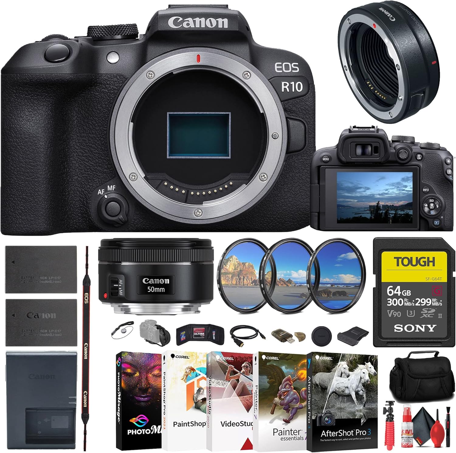 Canon EOS R10 Mirrorless Camera (5331C002) + Canon EF 50mm Lens (0570C002) + Canon Mount Adapter + Sony 64GB Tough SD Card + Filter Kit + Bag + Charger + LPE17 Battery + Card Reader + More (Renewed)