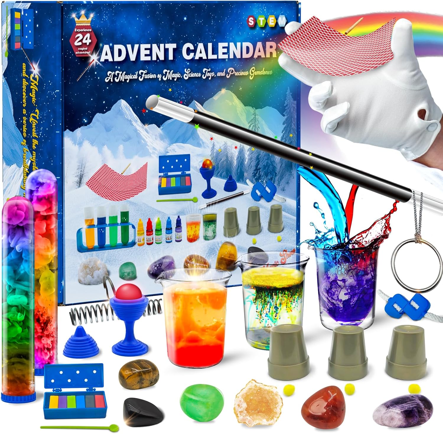 Christmas Vacation Advent Calendar 2024 for Kids Ages 6+, 24-Day Countdown Christmas Gifts for Kids with 12 Magic Tricks, 6 Science Experiments, 6 Gemstones, Fun Educational