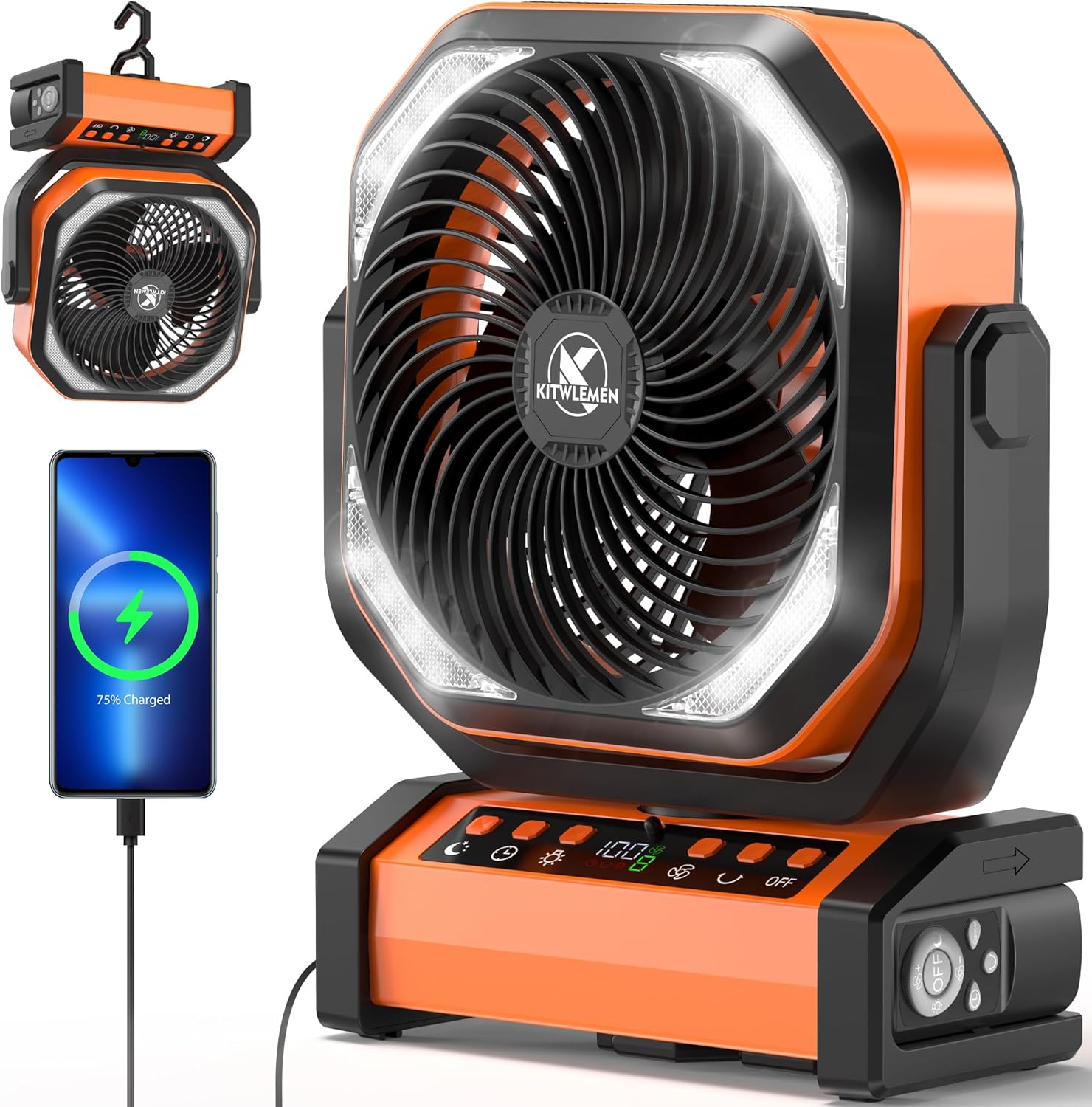 Camping Fan with Light – 20000mAh Rechargeable Battery Fan, 112Hrs Max Run Time, 9 Speeds, Digital Display, Timer, Auto Oscillation, 270° Pivot & Hook for Camping, Power Outage, Hurricane (Orange)