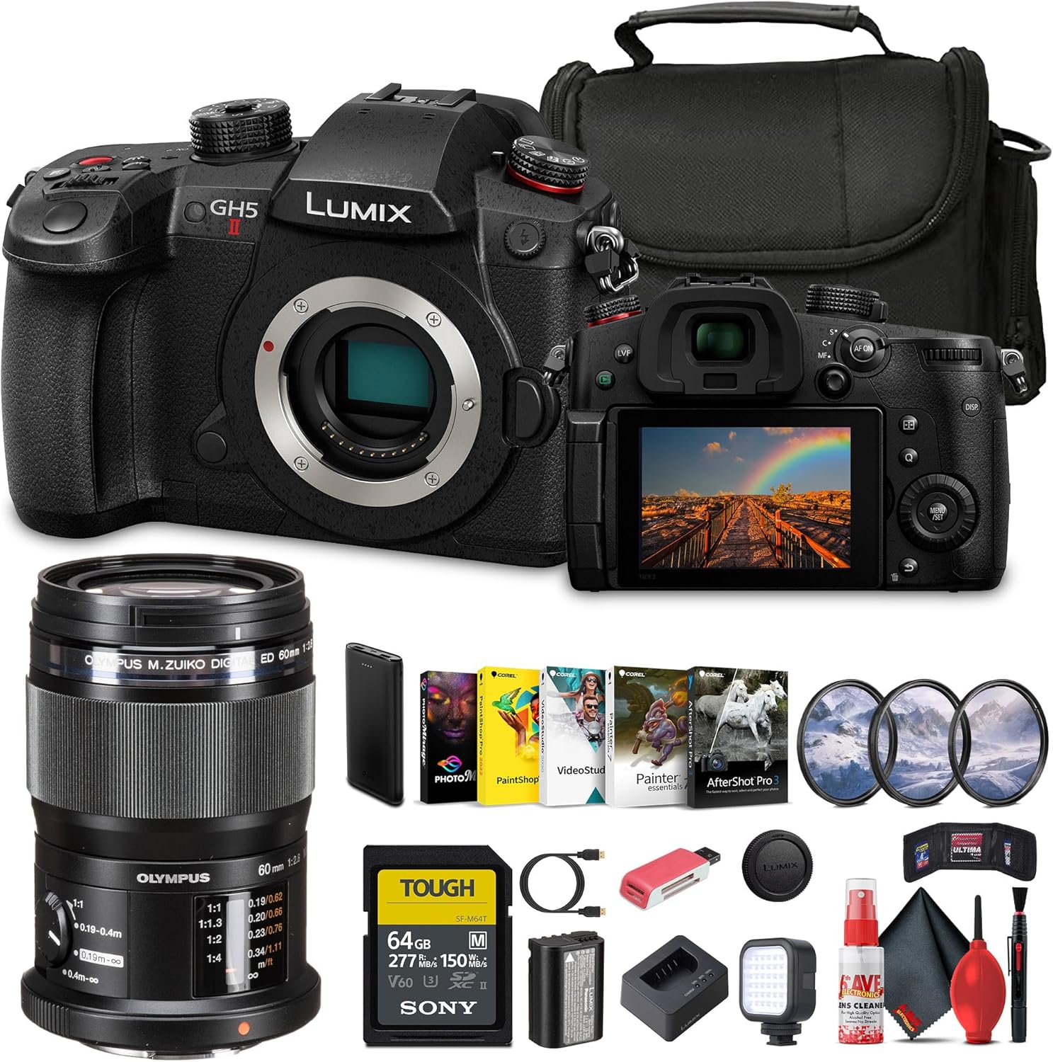 Panasonic Lumix GH5 II Mirrorless Four Thirds Camera with Added Olympus 12-60mm Lens + 64 GB Memory Card + P-Bank Battery + Carry Case + Cleaning Kit + Art Studio Software + More