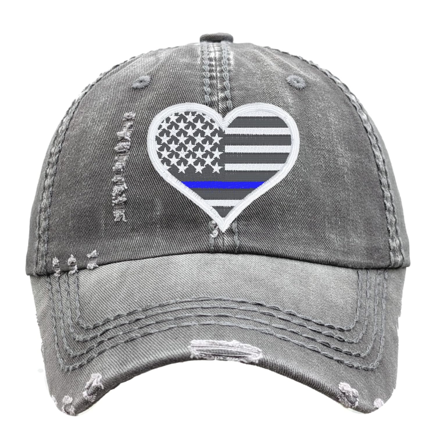 Women’s Custom Thin Blue Line Heart Shaped Flag Hat, Baseball or High Ponytail Cap, Back the Blue, Police Support, LEO Wife Bride Fiancée Gift Mom Sister Family