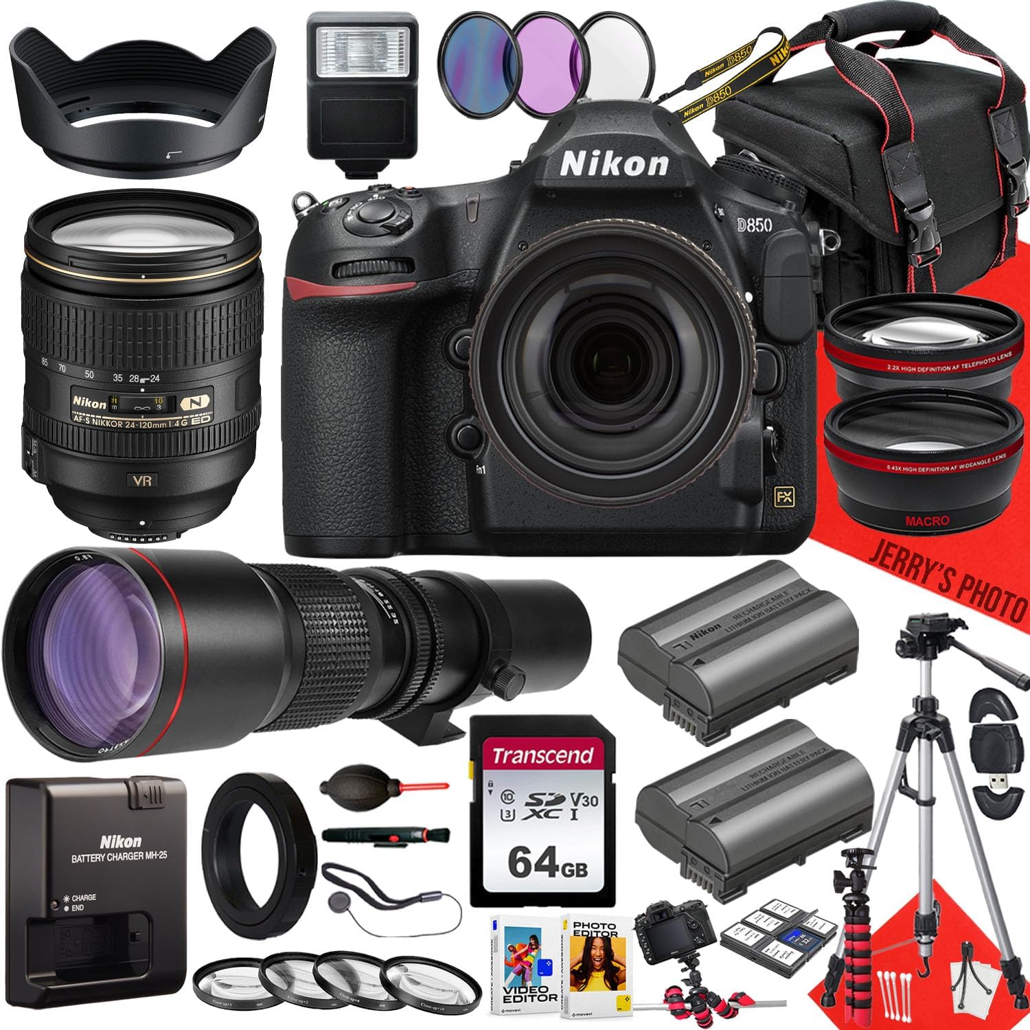 Nikon D850 DSLR Camera with AF-S 24-120mm f/4G ED VR Lens and 500mm Lens + 64GB Memory + Extra Battery + Slave Flash + Filters + Tripod + More (33pc Bundle) (Renewed)