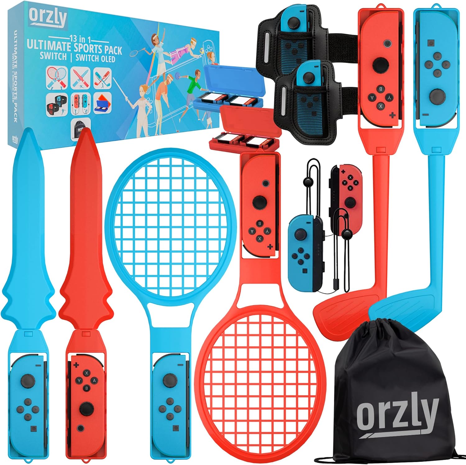 Orzly Switch Sports Games 2024 Accessories Bundle Pack for Nintendo Switch & Switch OLED with Tennis Rackets, Golf Clubs, Chambara Swords, Soccer Leg Straps & Joycon Grips – With Carry Bag