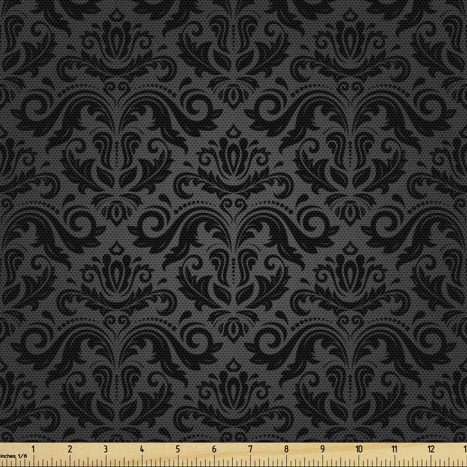 Ambesonne Dark Grey Fabric by The Yard, Black Damask and Floral Elements Oriental Antique Ornament Vintage, Decorative Fabric for Upholstery and Home Accents, 2 Yards, Black Grey