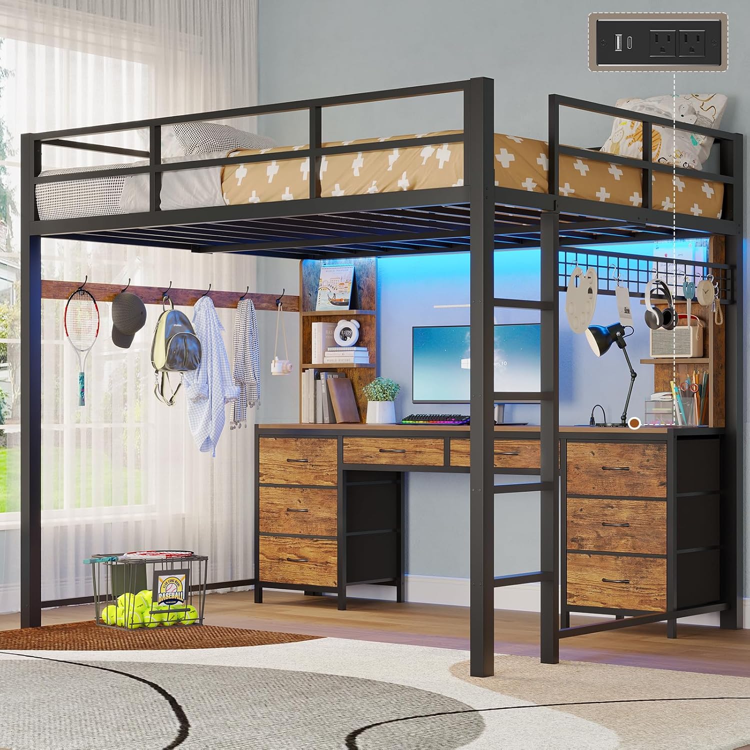 Loft Bed with Desk, Full Metal Loft Bed with 8 Storage Drawers & Charging Station & LED Lights, 4 Open Storage Shelves, Noise-Free, Space-Saving, No Box Spring Needed