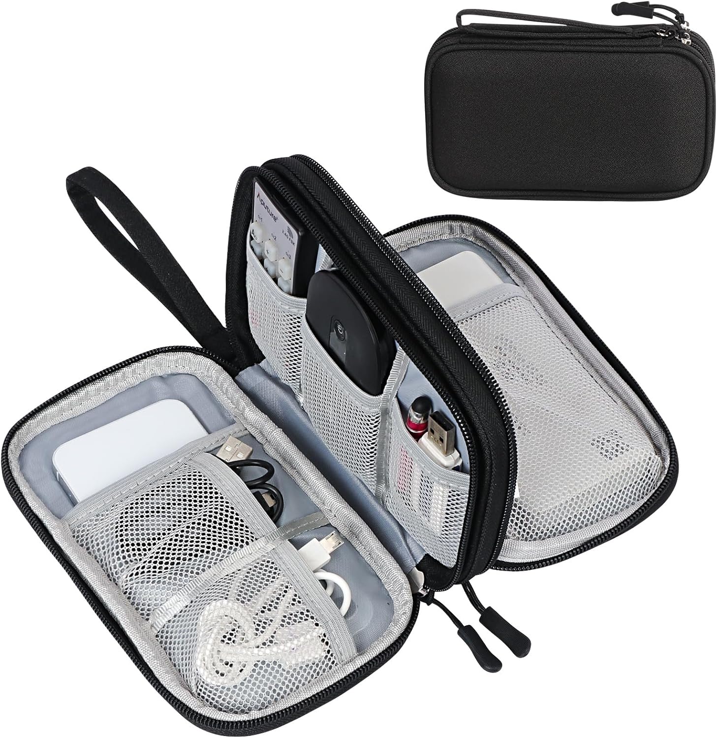 FYY Electronic Organizer, Travel Cable Organizer Bag Pouch Electronic Accessories Carry Case Portable Waterproof Double Layers Storage Bag for Cable, Cord, Charger, Phone, Earphone, Large Size, Black