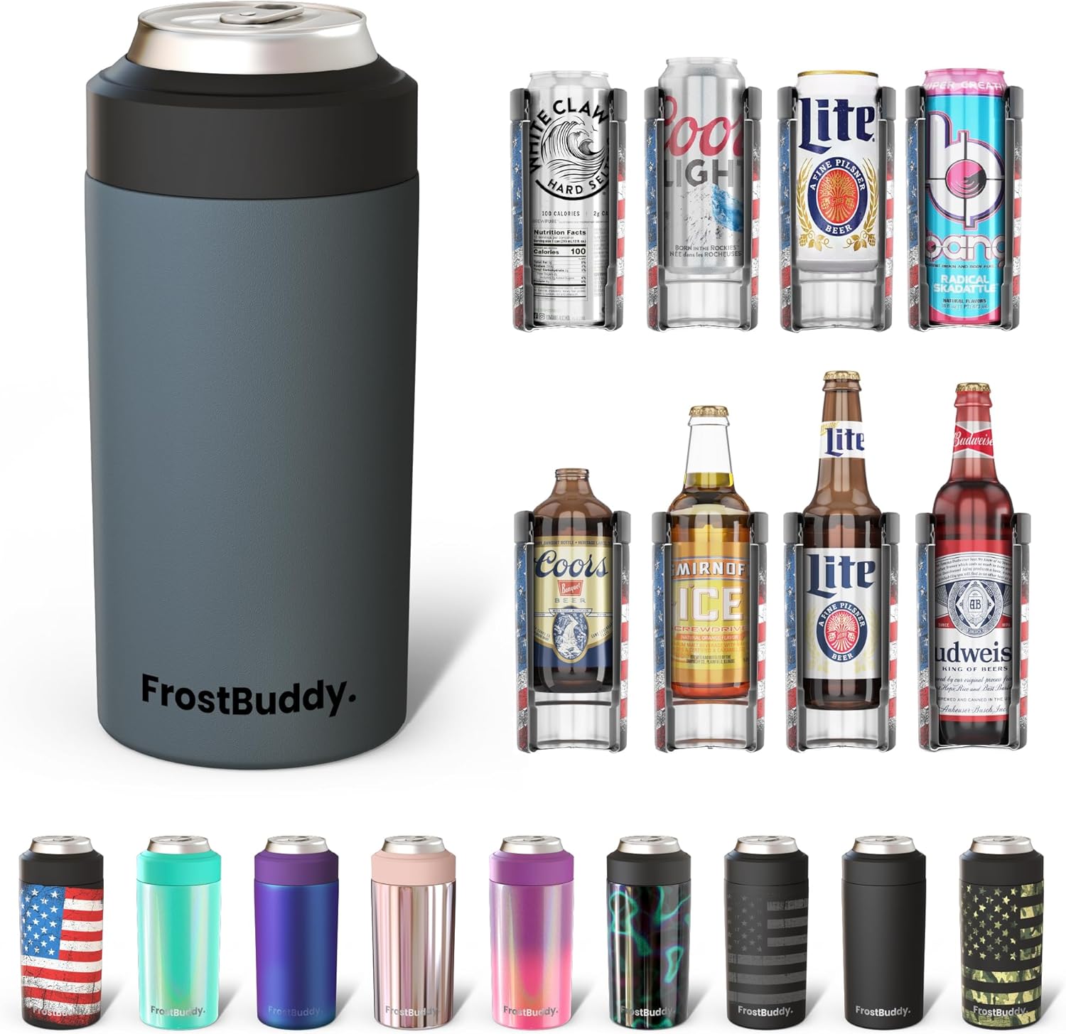 Frost Buddy Universal Can Cooler – Fits all – Stainless Steel Can Cooler for 12 oz & 16 oz Regular or Slim Cans & Bottles – Stainless Steel