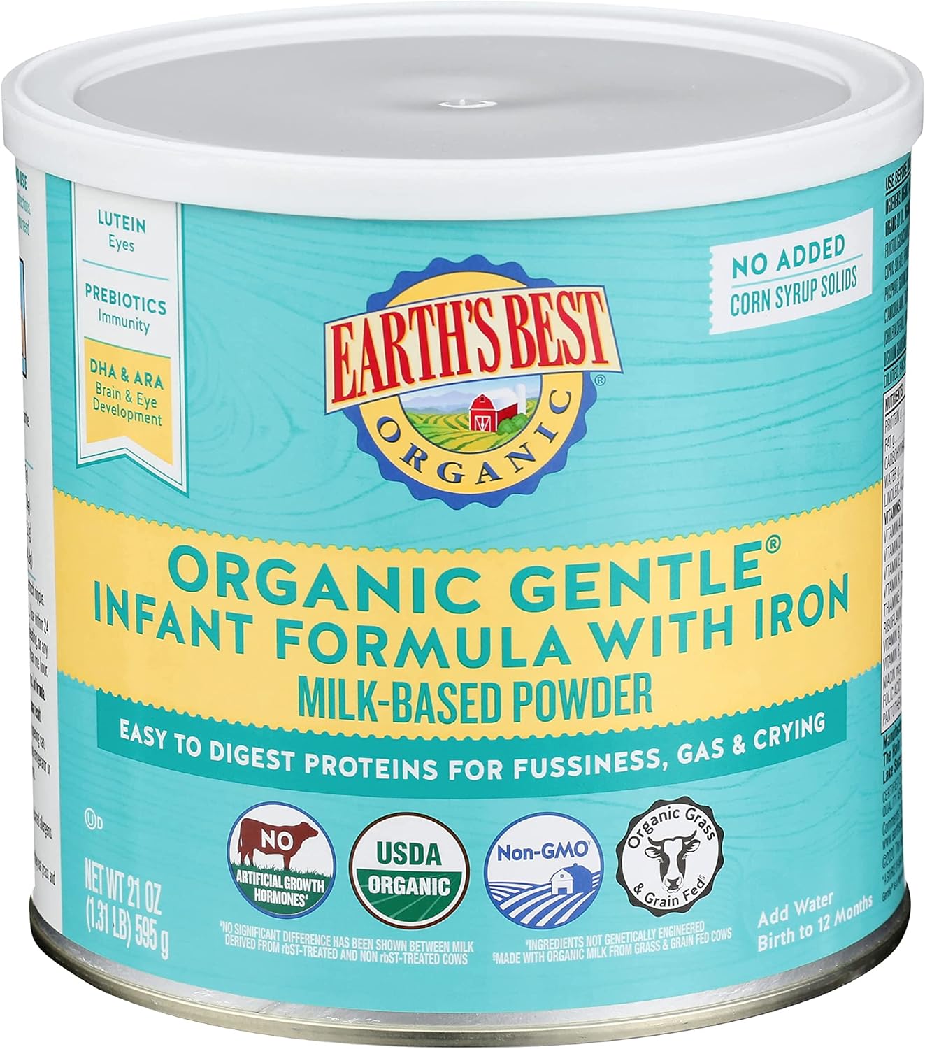 Earth’s Best Organic Baby Formula for Babies 0-12 Months, Powdered Milk-Based Gentle Formula with Iron and Easy to Digest Proteins, 21 oz Formula Container