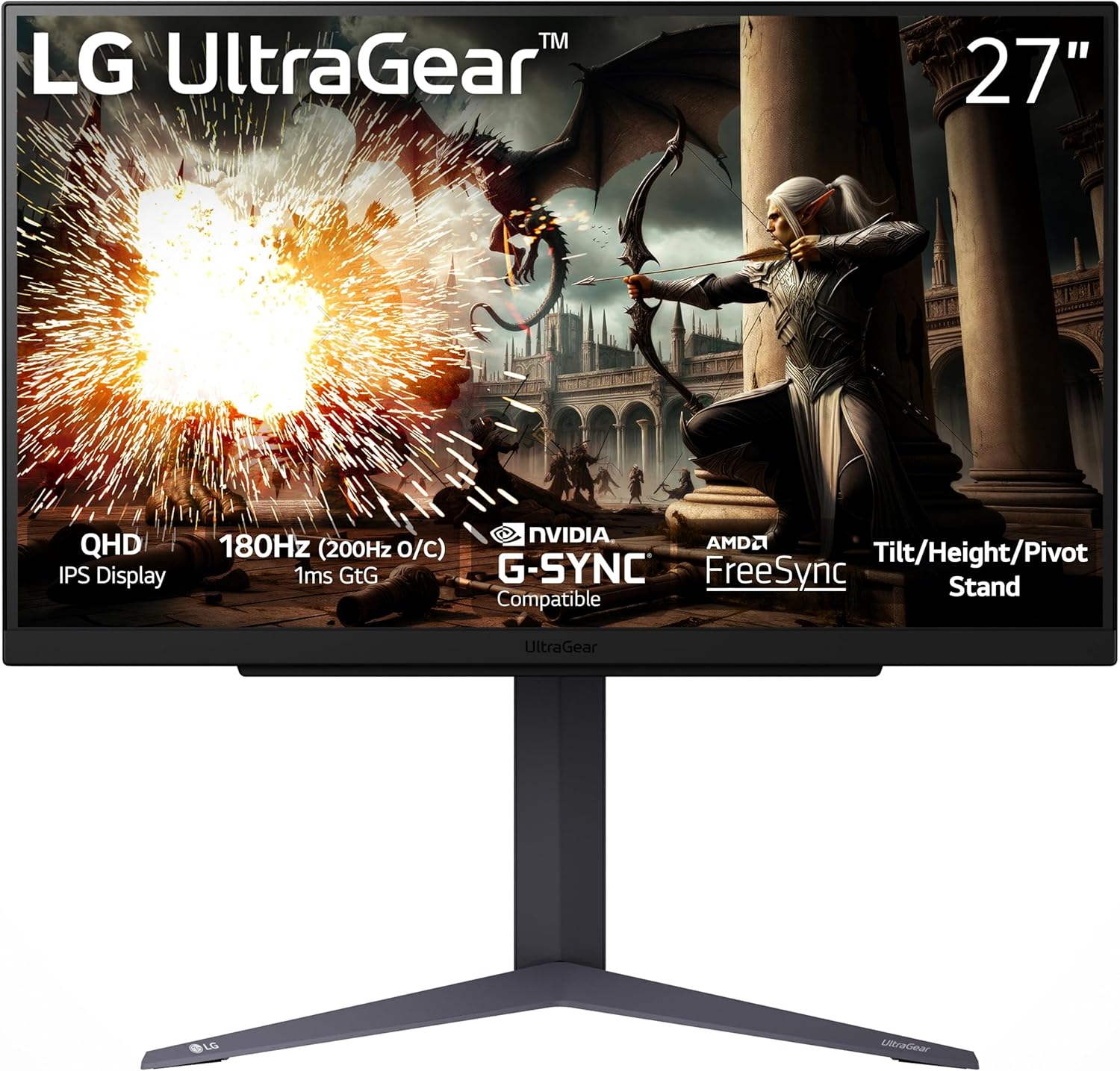 LG 27GS75Q-B 27-inch Ultragear QHD (2560×1440) Gaming Monitor, 180Hz (O/C 200Hz), 1ms, IPS, NVIDIA G-SYNC Compatible, AMD FreeSync, HDR10, Tilt/Height/Pivot Stand, HDMI, DisplayPort, Black