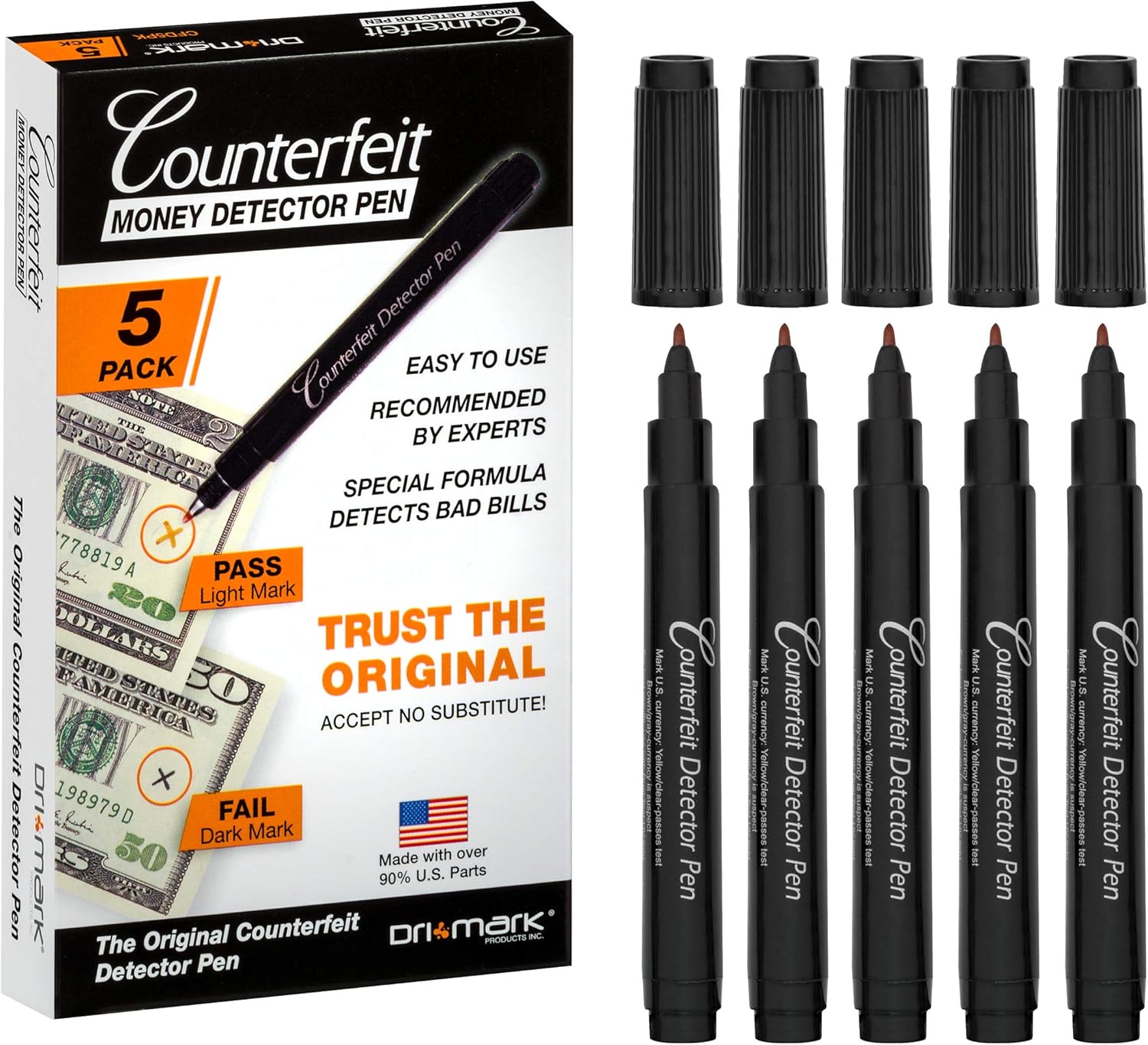 Dri Mark 5 Pack Counterfeit Bill Detector Marker Pen, Made in The USA, 3 Times More Ink, Pocket Size, Fake Money Checker – Money Loss Prevention Tester & Fraud Protection for U.S. Currency (Pack of 5)