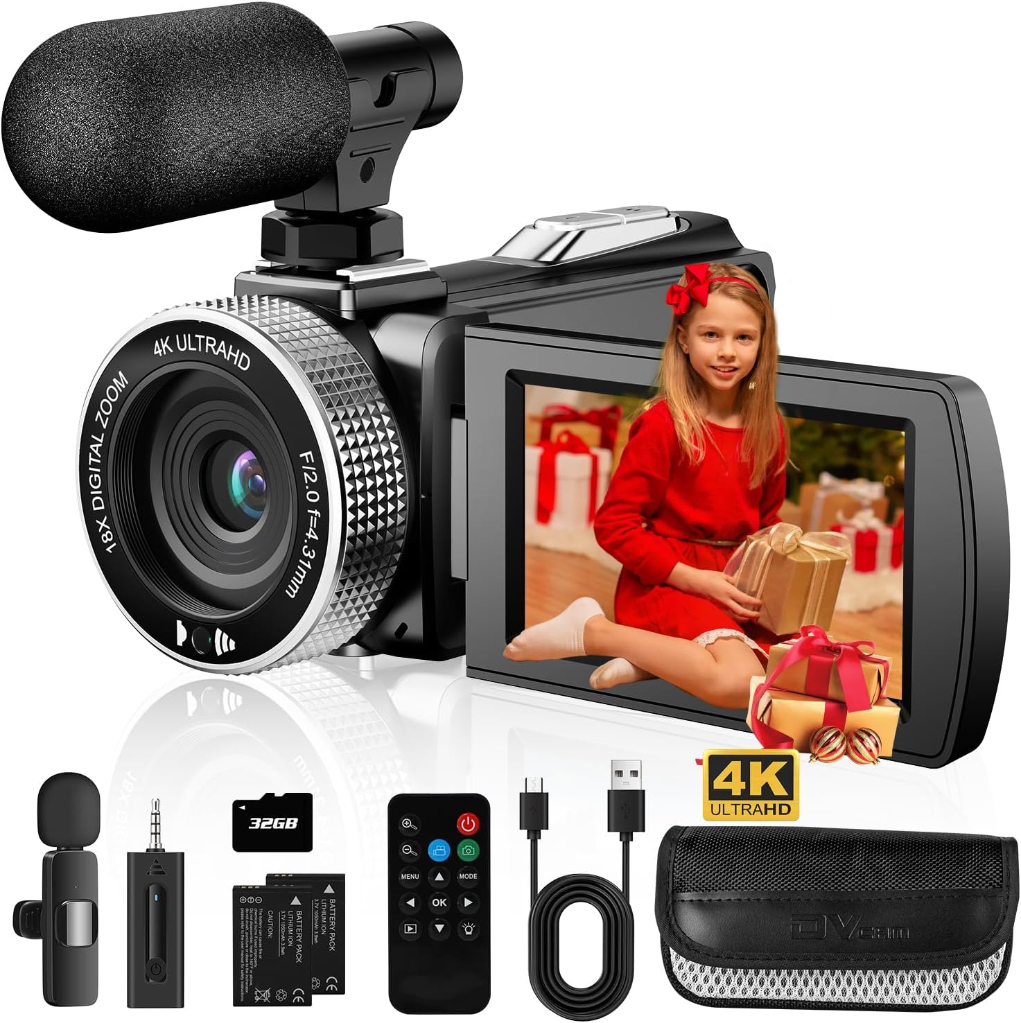 4K Ultra HD Video Camera Camcorder 48MP Vlogging Camera for YouTube, Camera for Vlogging, 18X Digital Zoom Video Recording with Wireless Lavalier Microphone, Remote, 2 Batteries, 32GB Card