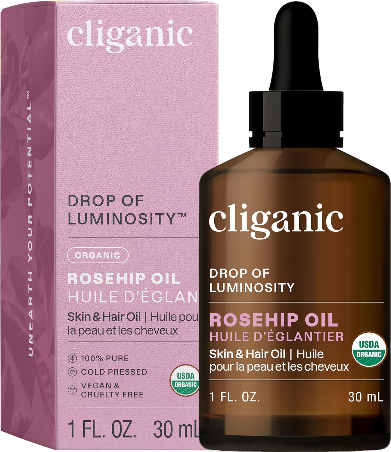 Cliganic Organic Rosehip Seed Oil for Face, 100% Pure | Natural Cold Pressed Unrefined Non-GMO | Carrier Oil for Skin, Hair & Nails (Packaging May Vary)