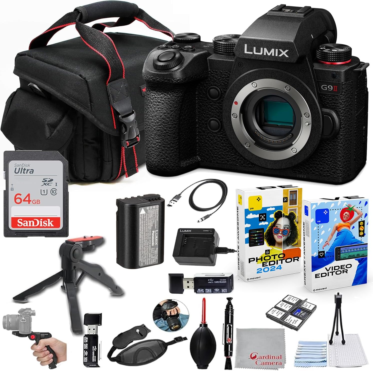 Panasonic Lumix G9 II Mirrorless Camera (DC-G9M2BODY) Bundle + Accessory Kit with 64GB Ultra Memory, Hand Grip Tripod, Carry Case, Editing Software Package & More (22 Items)