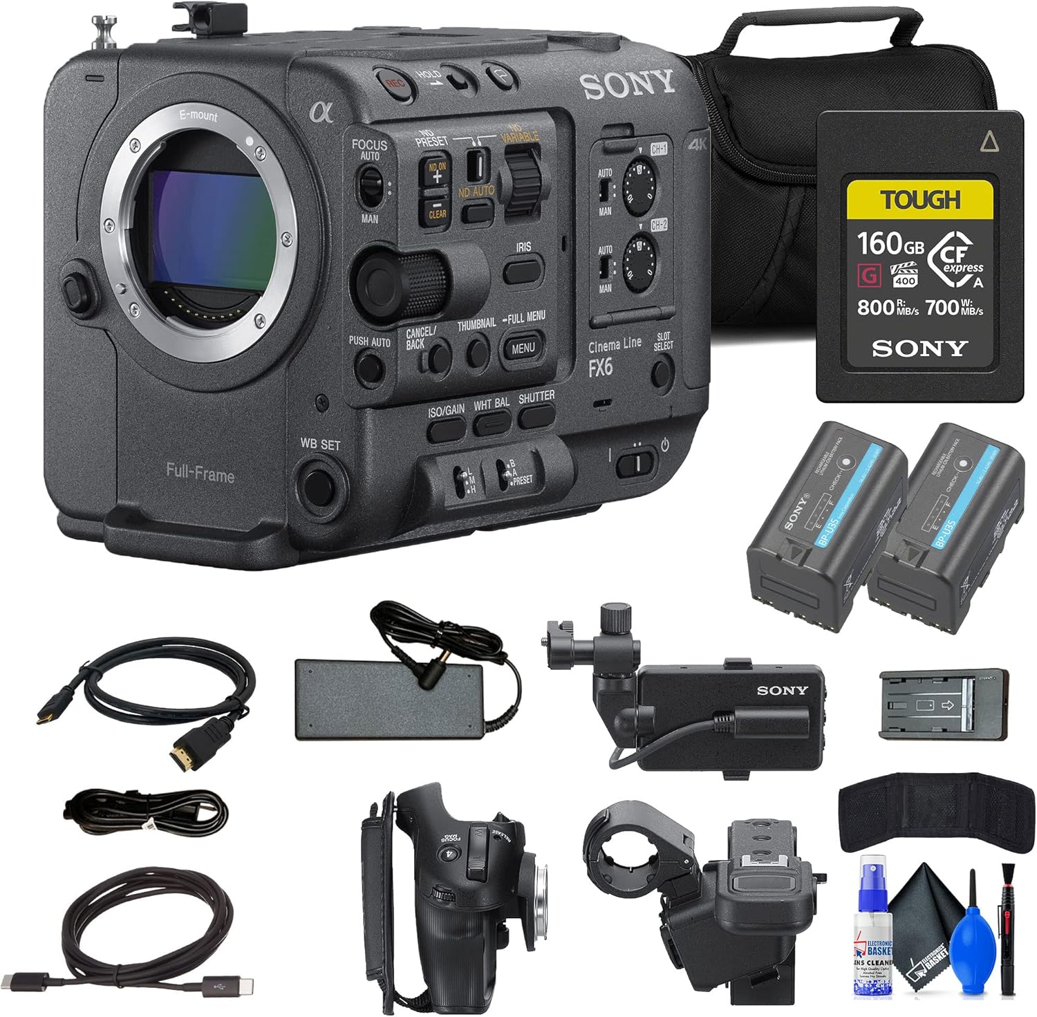 Sony FX6 Full-Frame Cinema Camera (Body Only) (ILME-FX6V) + 160GB Memory Card + BP-U35 Battery + Bag + Memory Wallet + Cleaning Kit + HDMI Cable (Renewed)