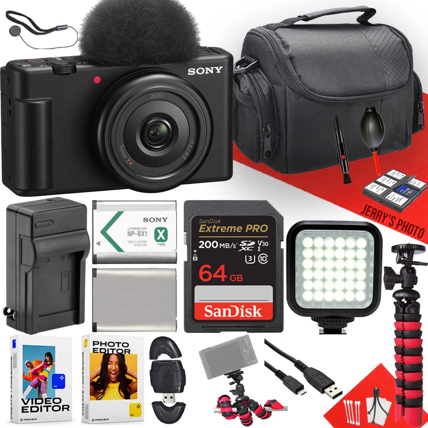 Sony ZV-1F Vlogging Camera + 64GB Memory + LED Light + Extra Battery + Extra Charger + Spider Tripod + More (17pc Bundle) (Renewed)